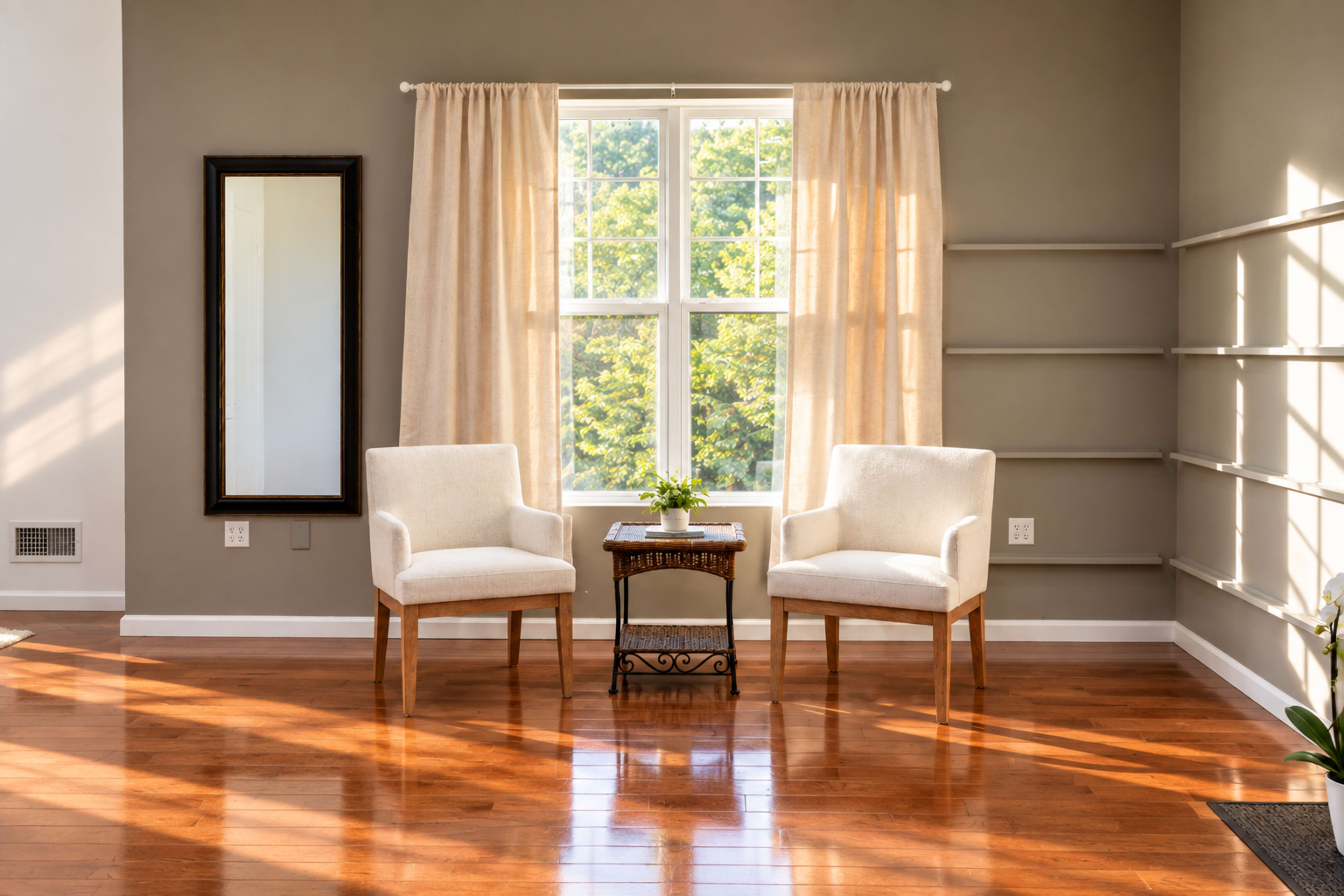 The image shows a bright room with two white chairs flanking a small table, a large window with light-filtering curtains, and wooden flooring.