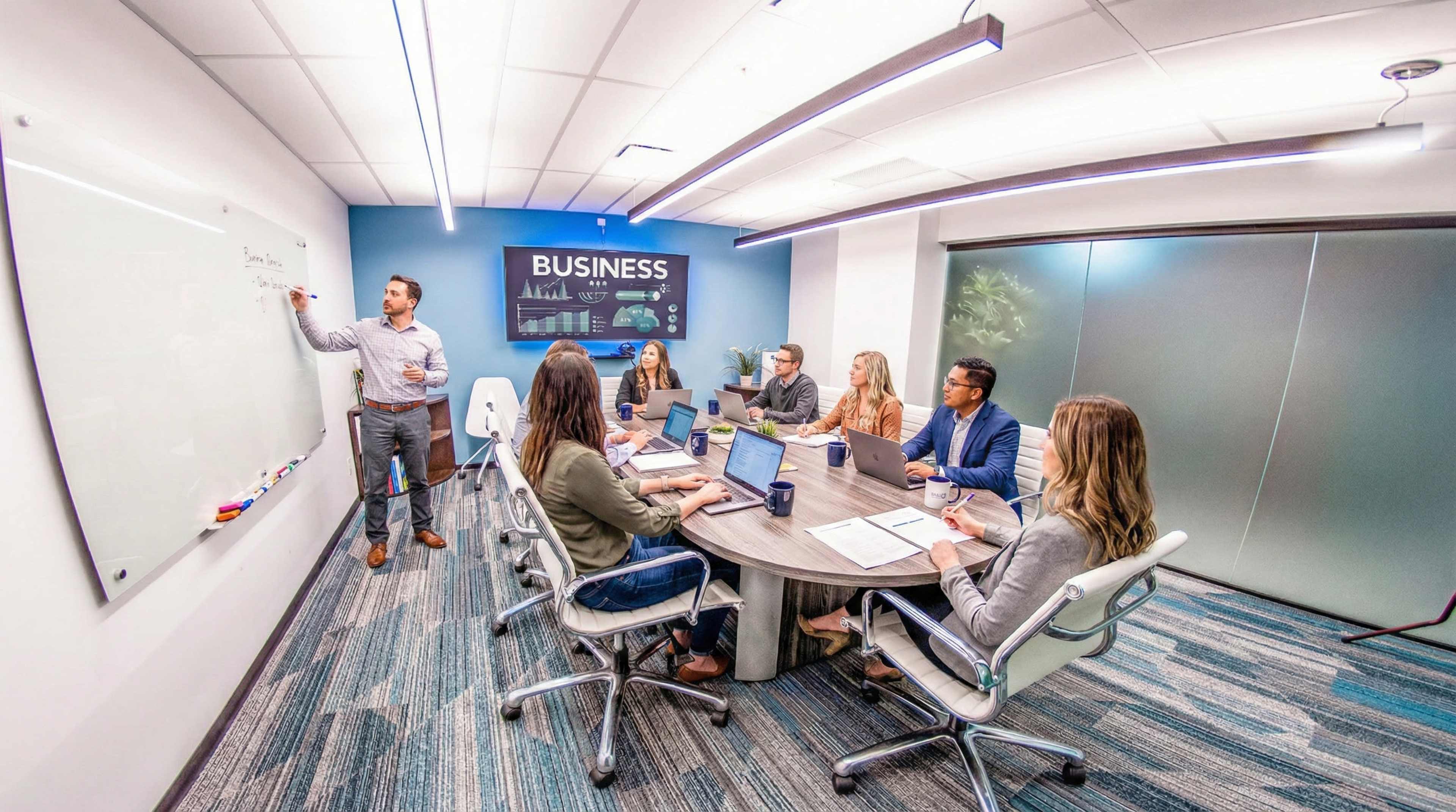 A group of six people is seated around a circular table in a modern conference room, while one person writes on a whiteboard.