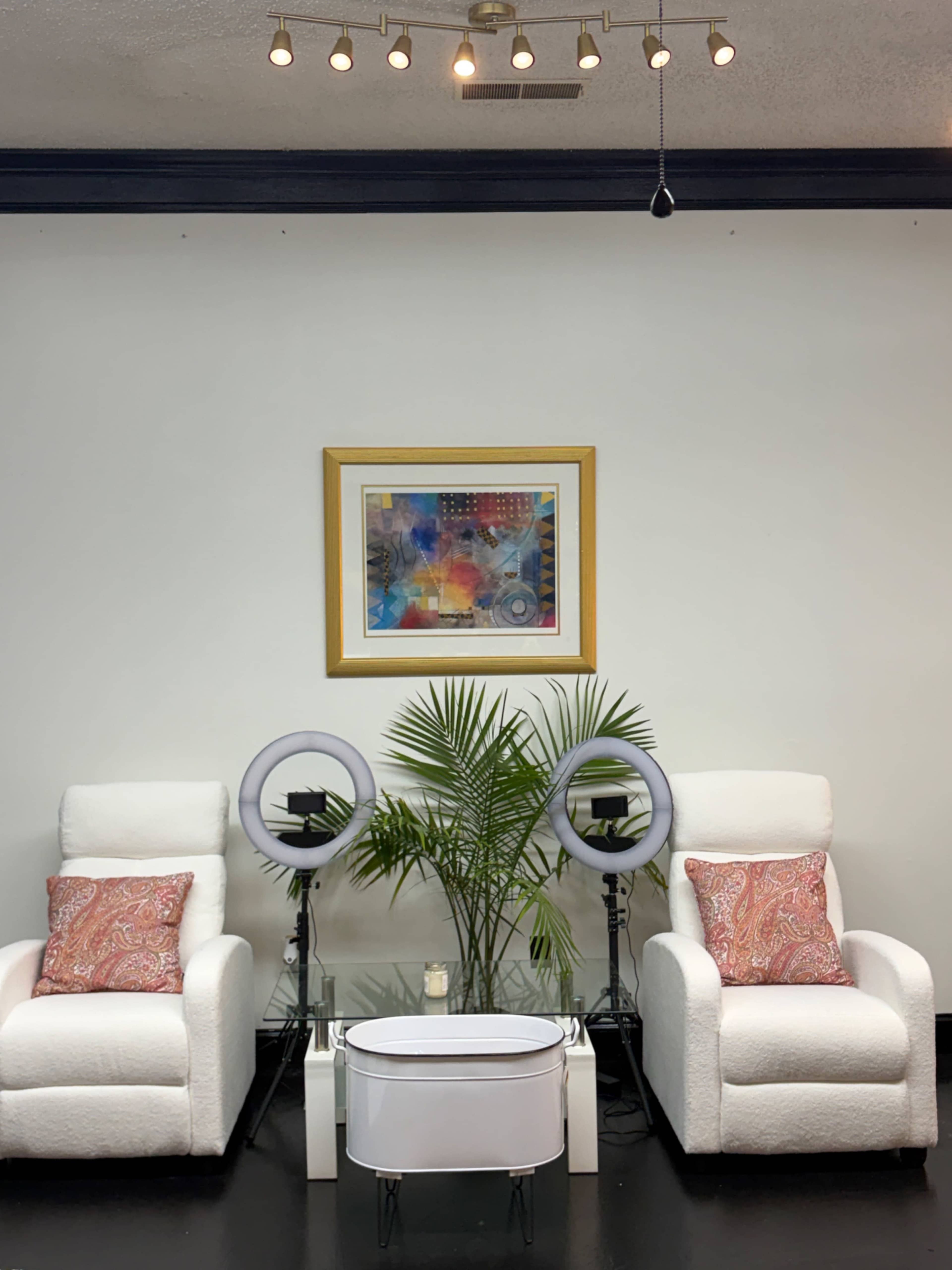 The image shows two white armchairs with decorative pillows, a small glass table, and two ring lights flanking a decorative plant under a colorful framed artwork on the wall.