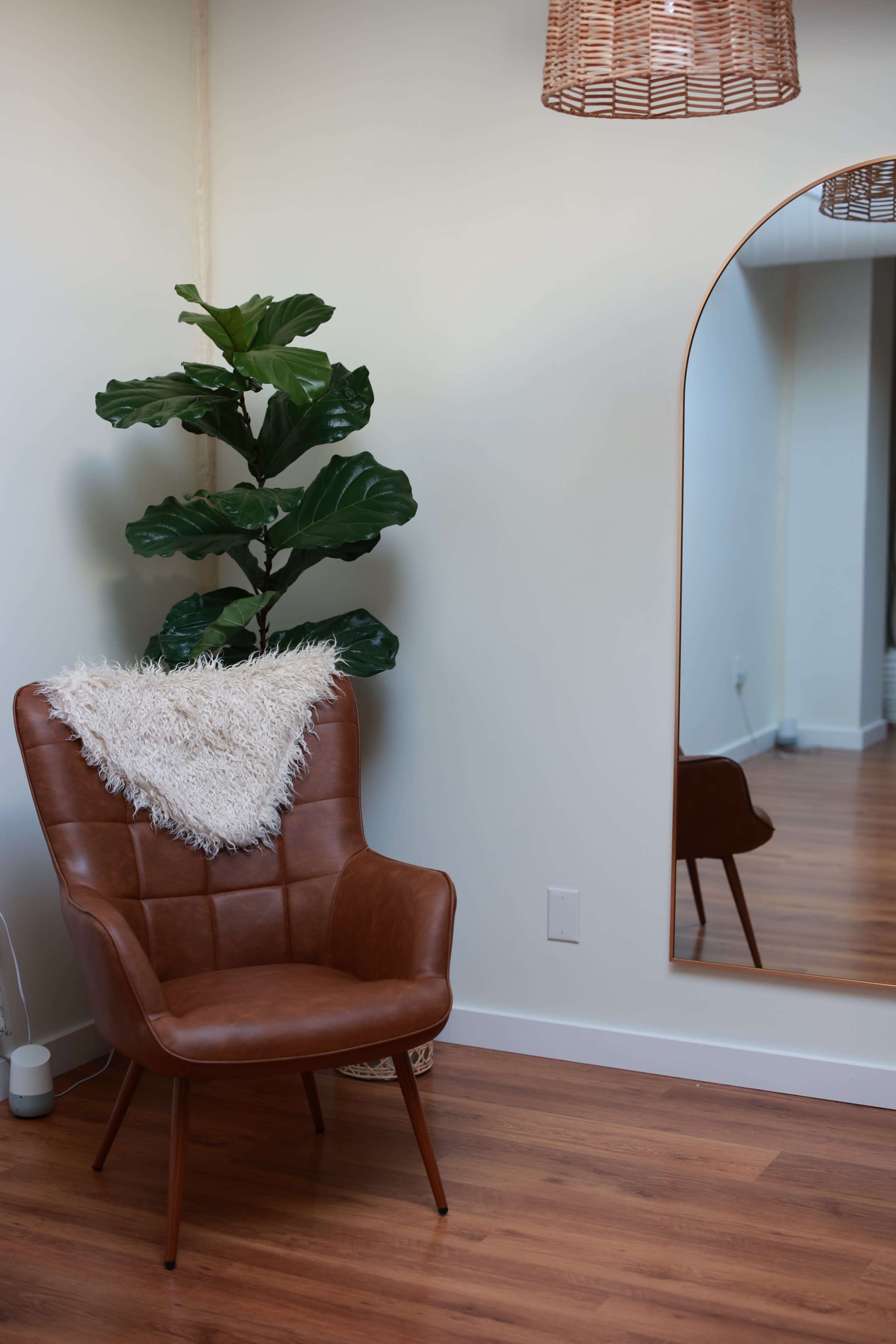 A brown leather chair with a textured throw sits next to a tall green plant and a large, curved mirror on a wall.