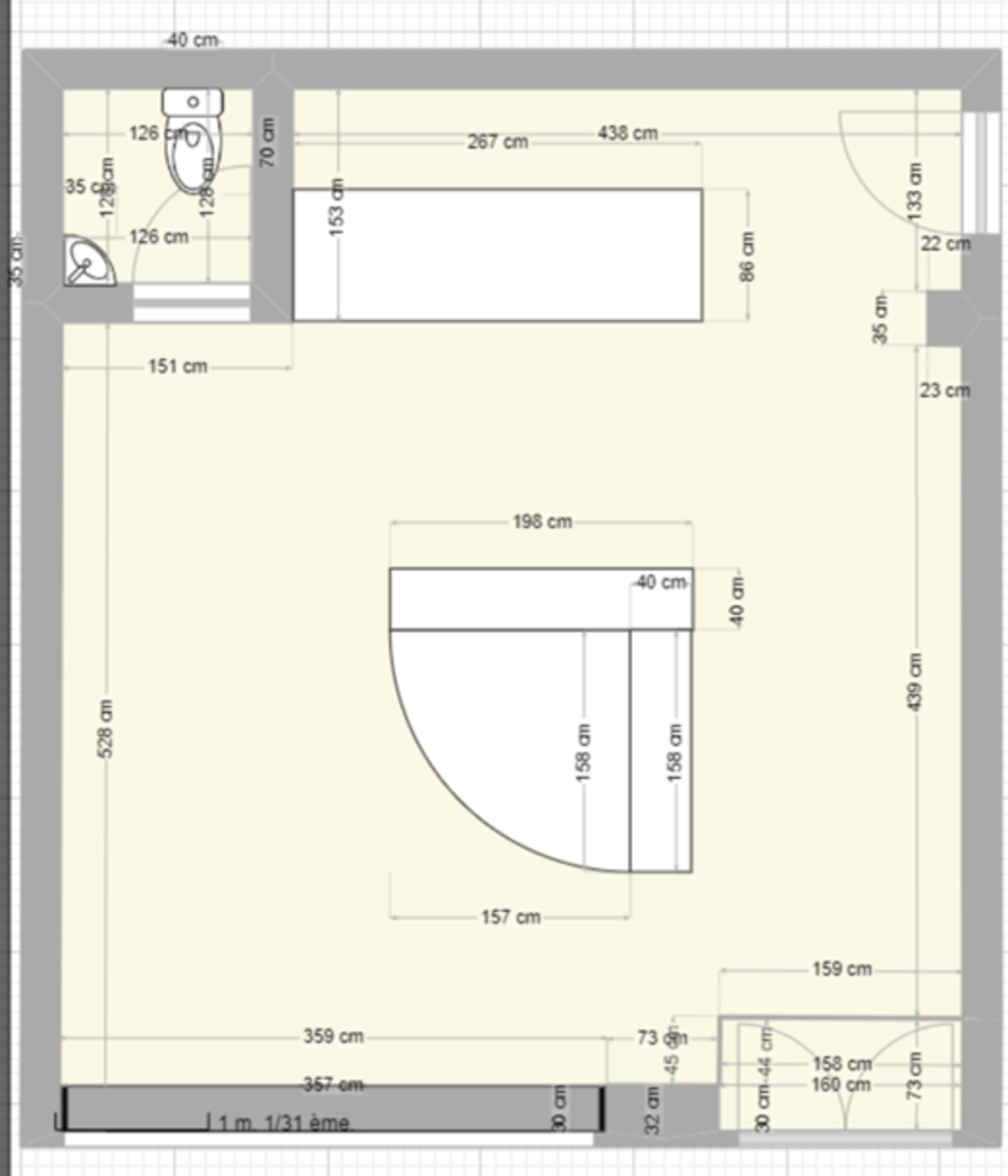 The image shows a floor plan of a room with dimensions for various areas including a toilet, sink, and a central space.