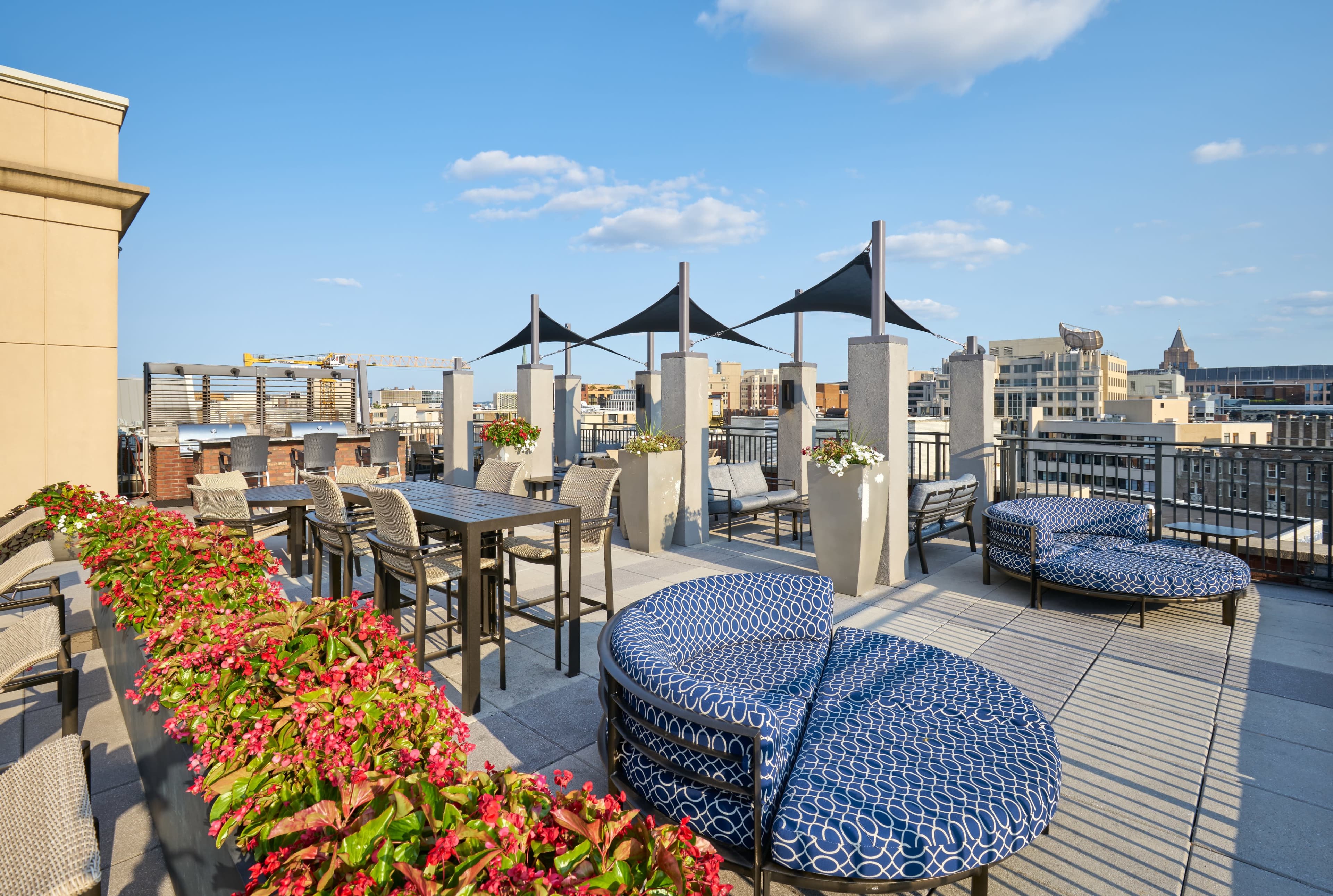 The image shows a rooftop terrace featuring lounge seating, dining tables, and planters with flowers against a clear blue sky.