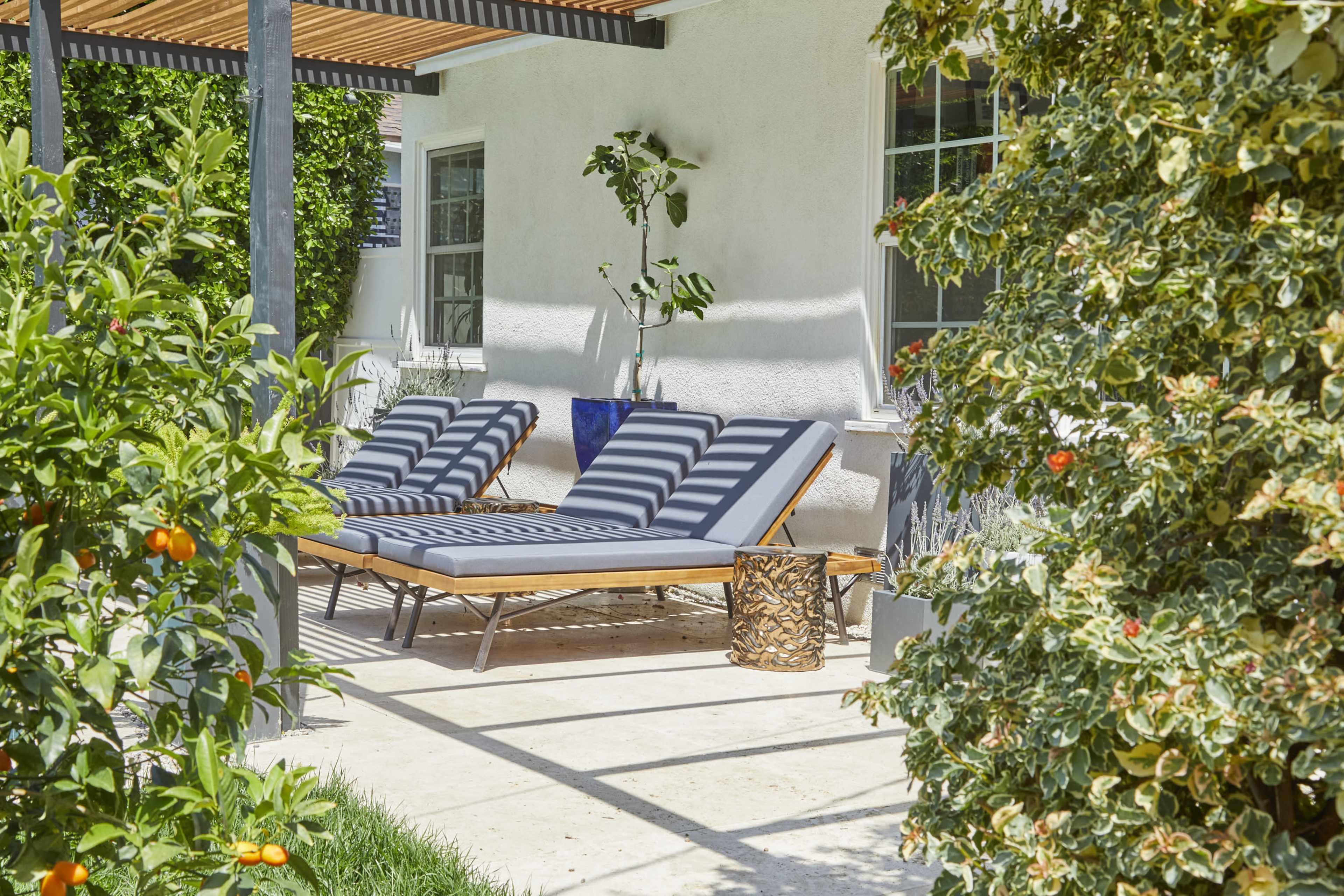 The image shows two striped lounge chairs on a patio beside a garden filled with greenery and orange trees.