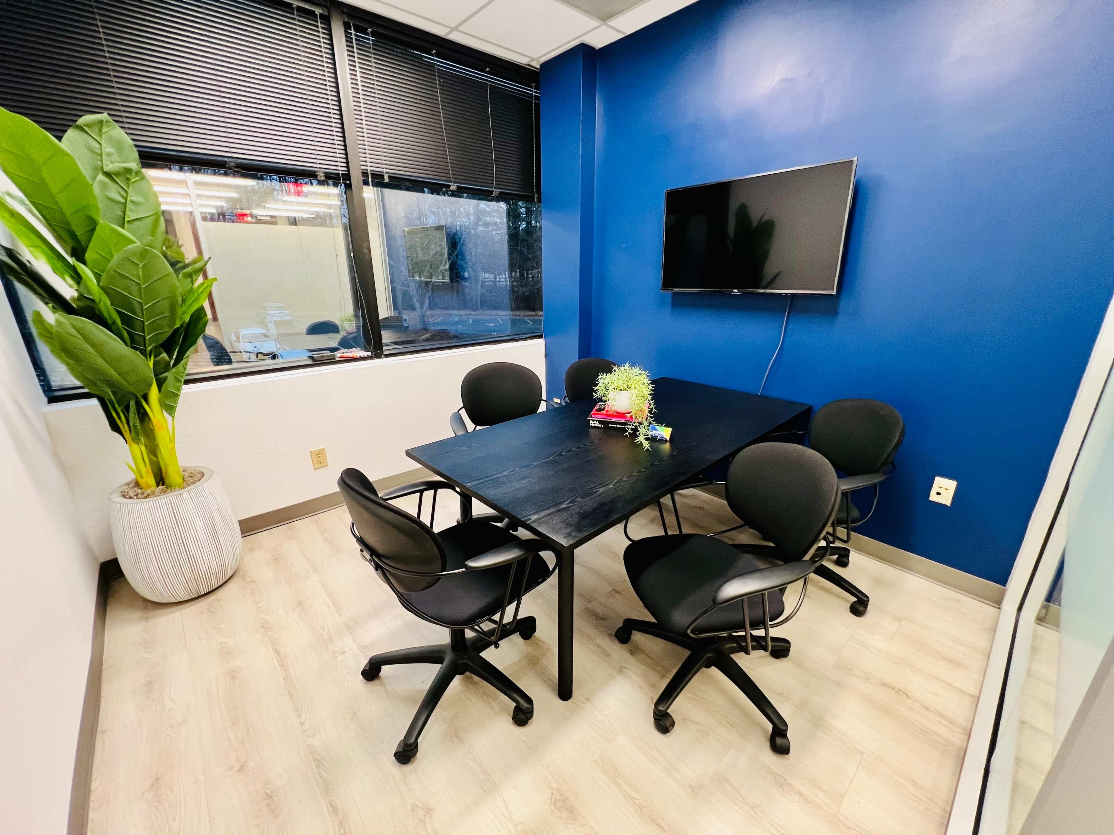A small meeting room with a black table, five rolling chairs, a wall-mounted TV, a large plant in a pot, and blue walls.