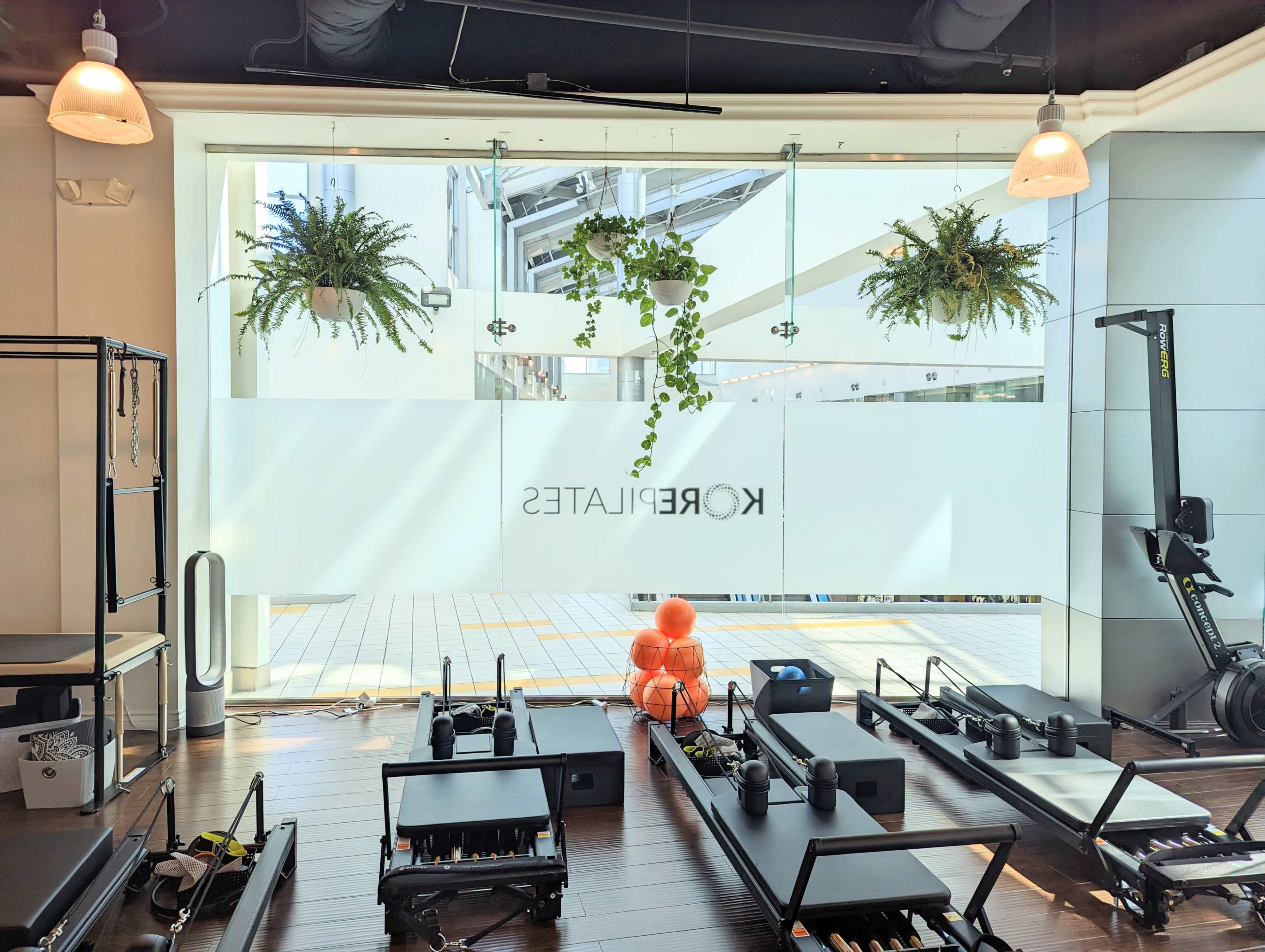 The image shows an interior view of a Pilates studio featuring reformer machines and large windows with hanging plants.
