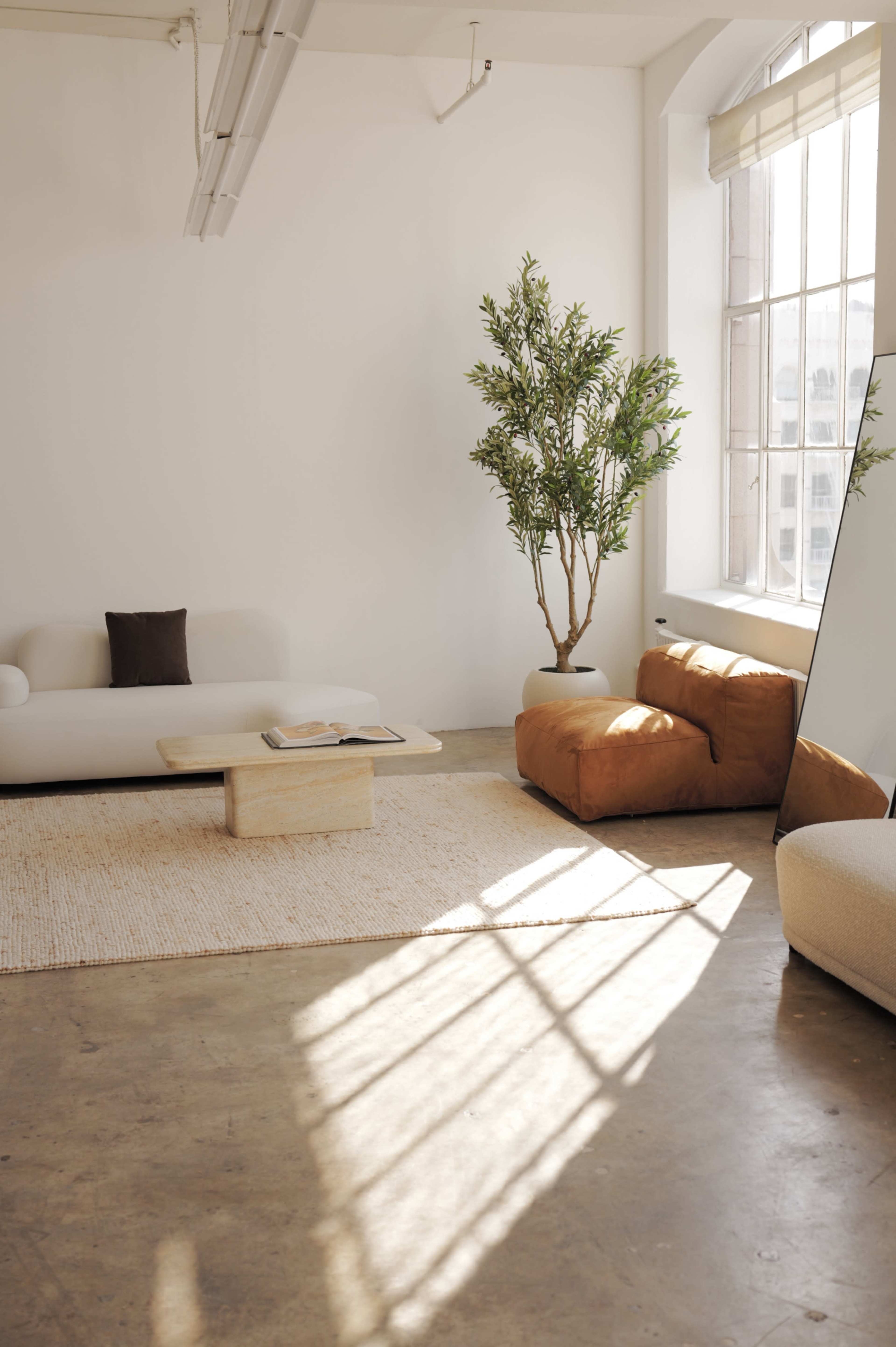 The image shows a modern living space with a light-colored sofa, an armchair, a coffee table, and a large window casting shadows on the floor.