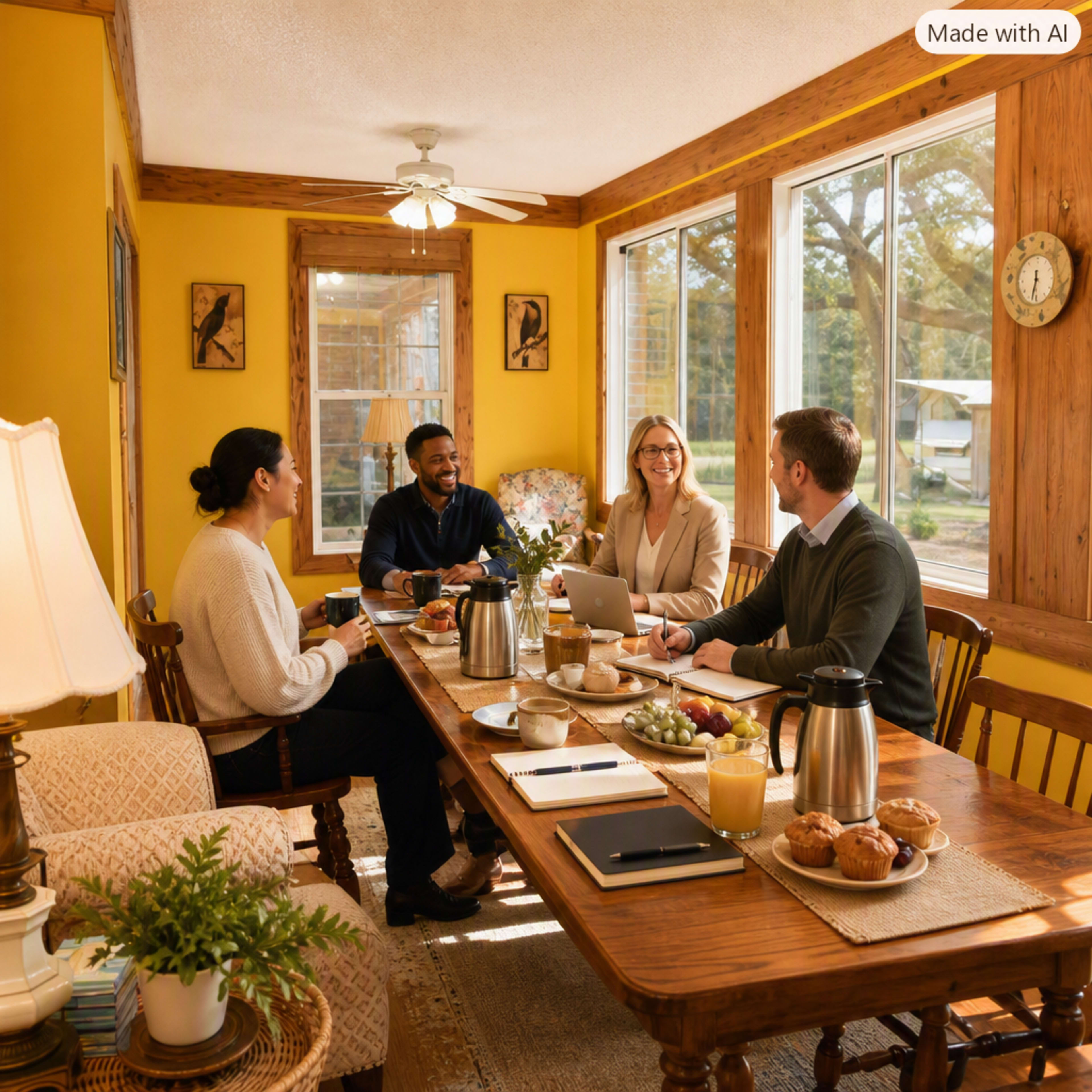 A group of four people is seated around a table in a brightly lit room, engaged in discussion while various food and drinks are displayed on the table.
