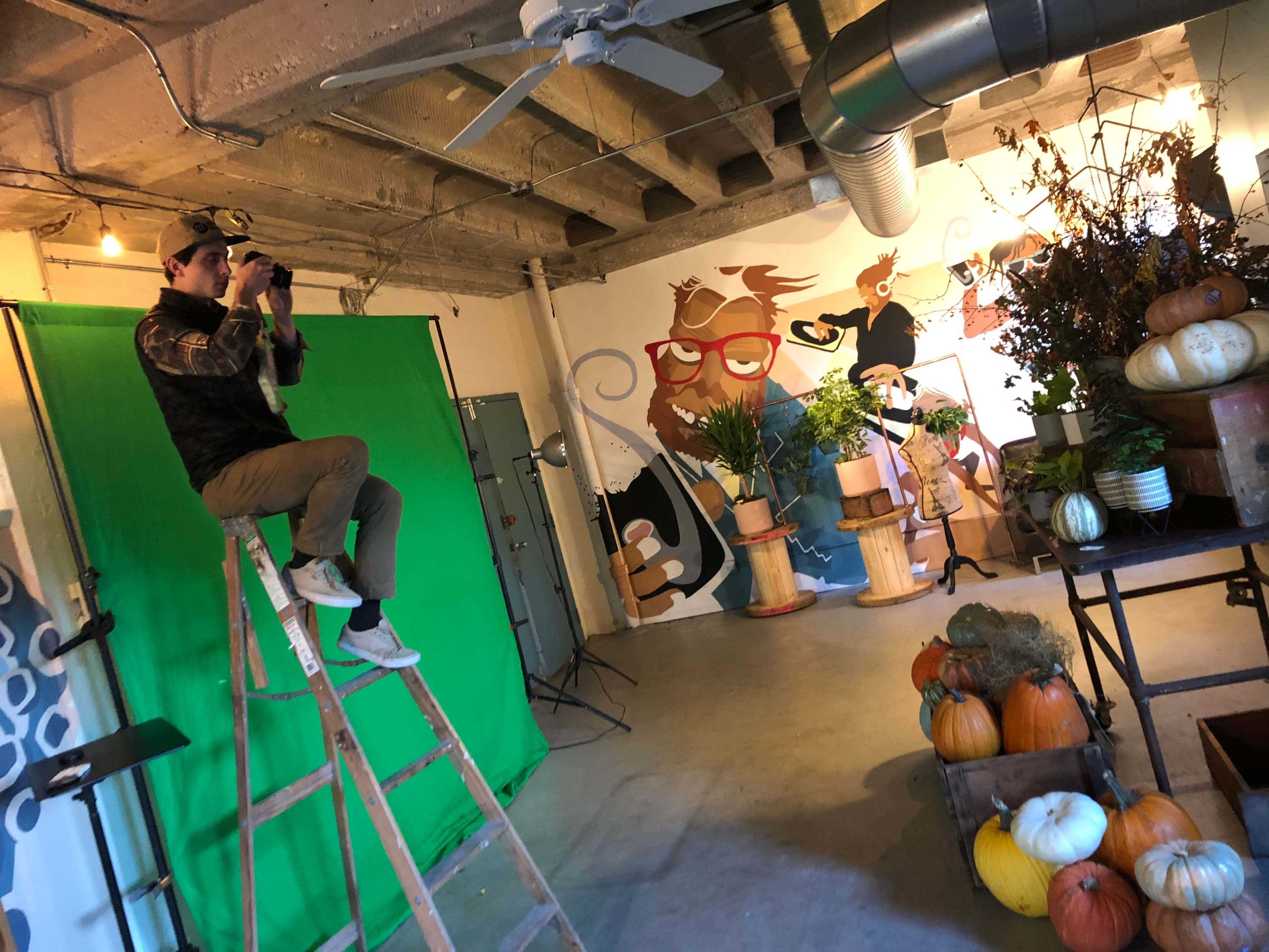A person stands on a ladder, taking photos in a studio with a green screen and a mural on the wall, surrounded by various pumpkins and decorative plants.