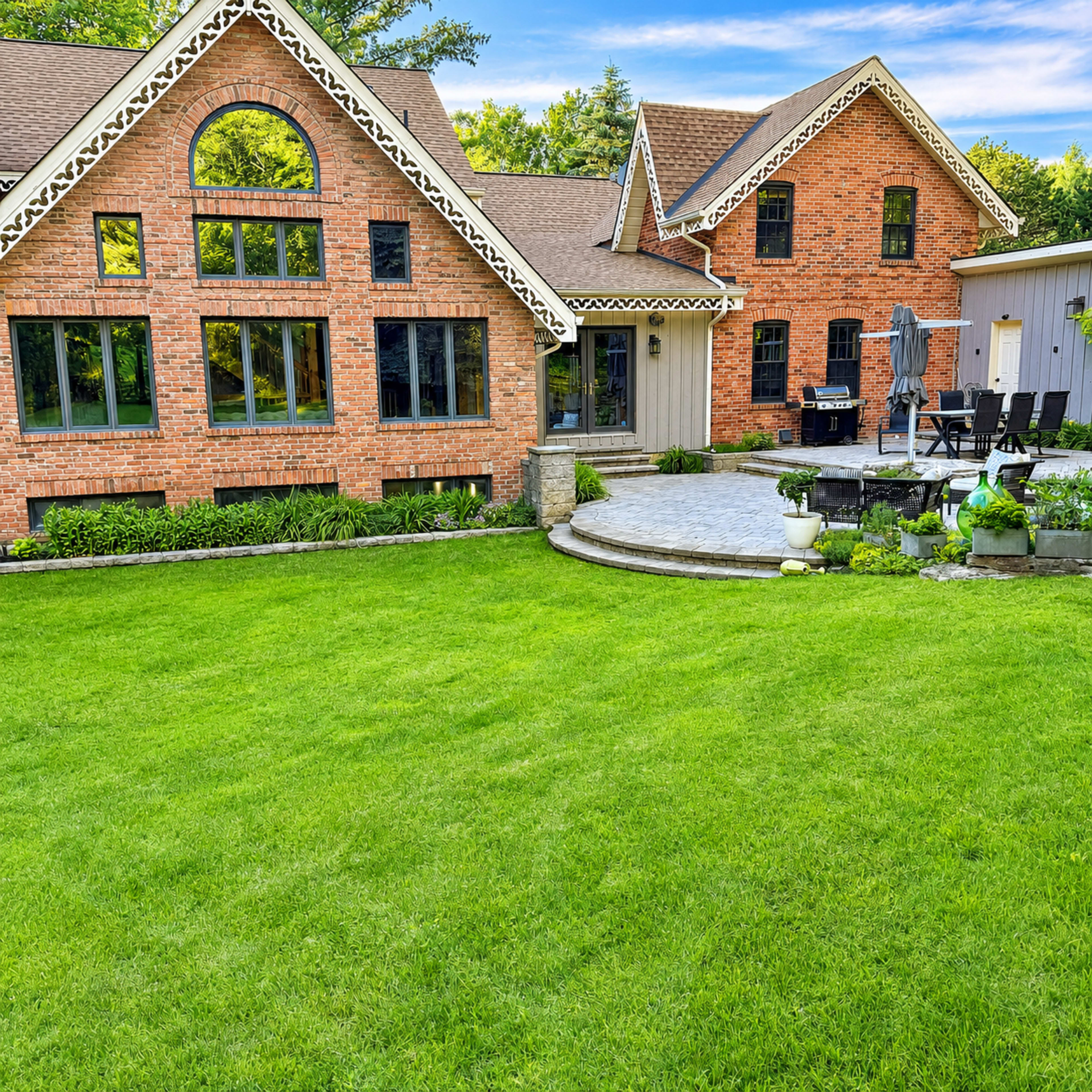 The image shows a large brick house with multiple gabled roofs, a well-maintained lawn, and a stone patio area in the backyard.