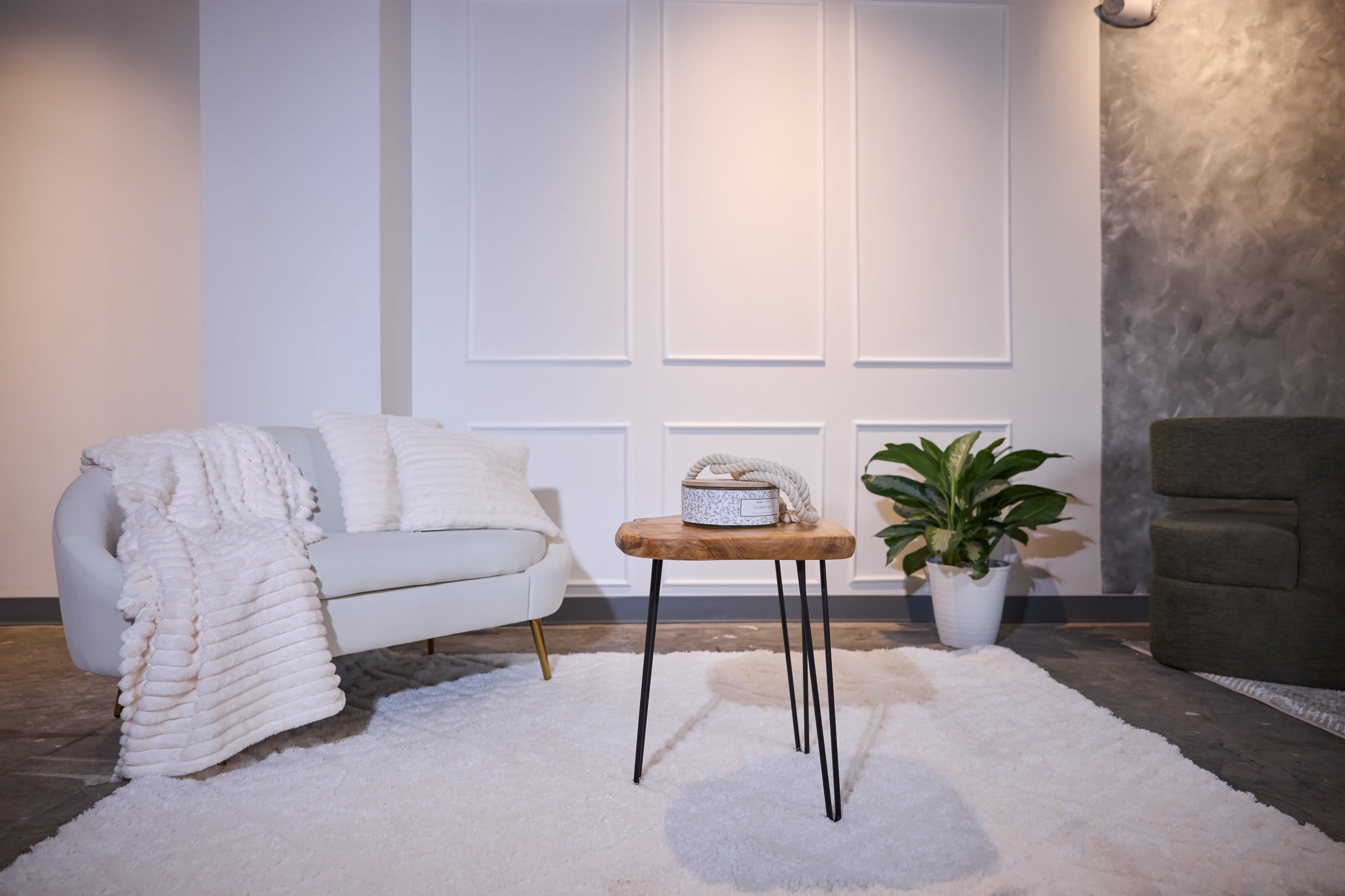 A minimalist living room features a white sofa with textured blankets, a wooden coffee table with a decorative item, a green plant in a white pot, and a soft area rug.