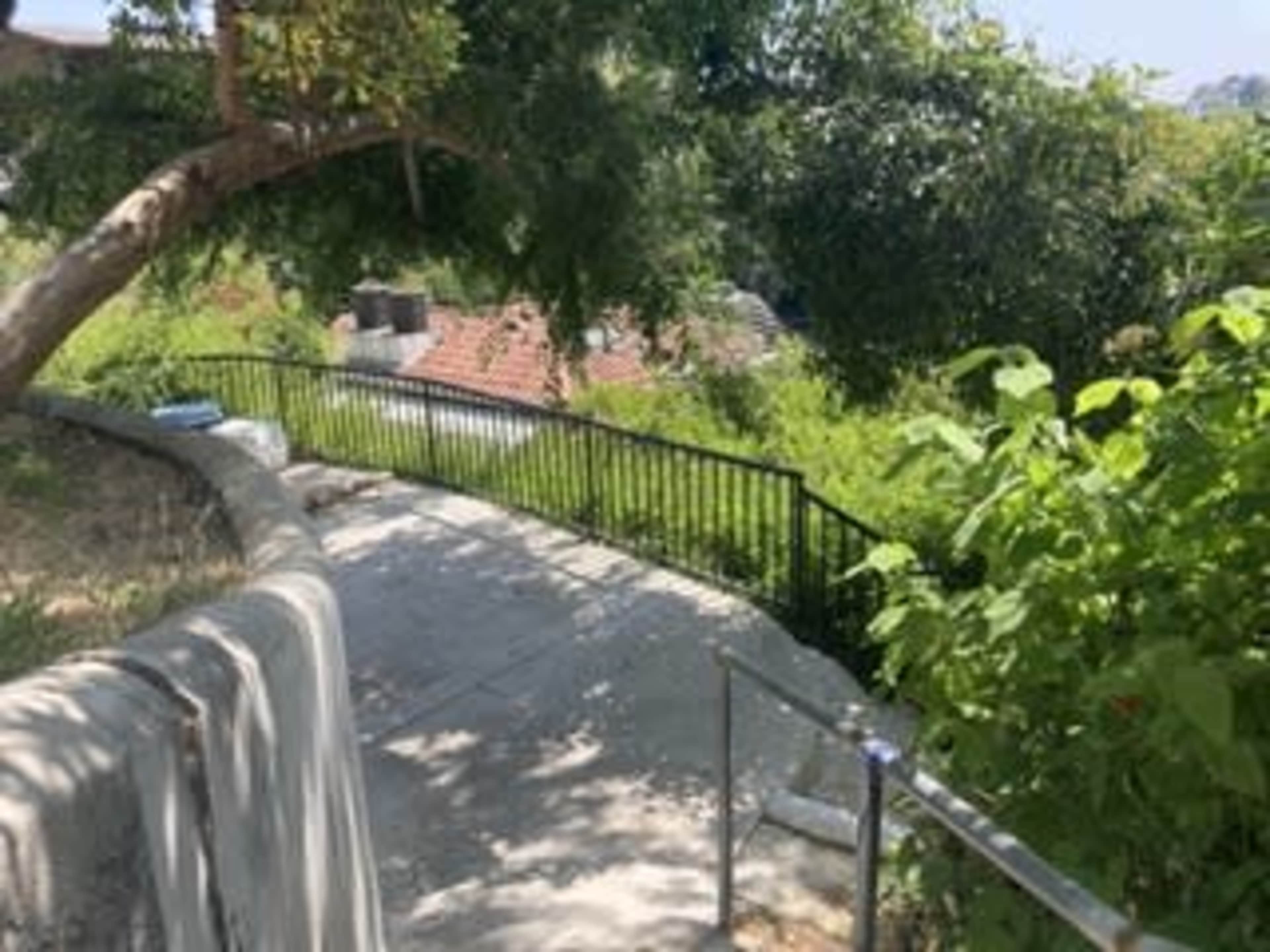 A paved pathway curves around a railing with greenery on one side and rooftops visible in the distance.
