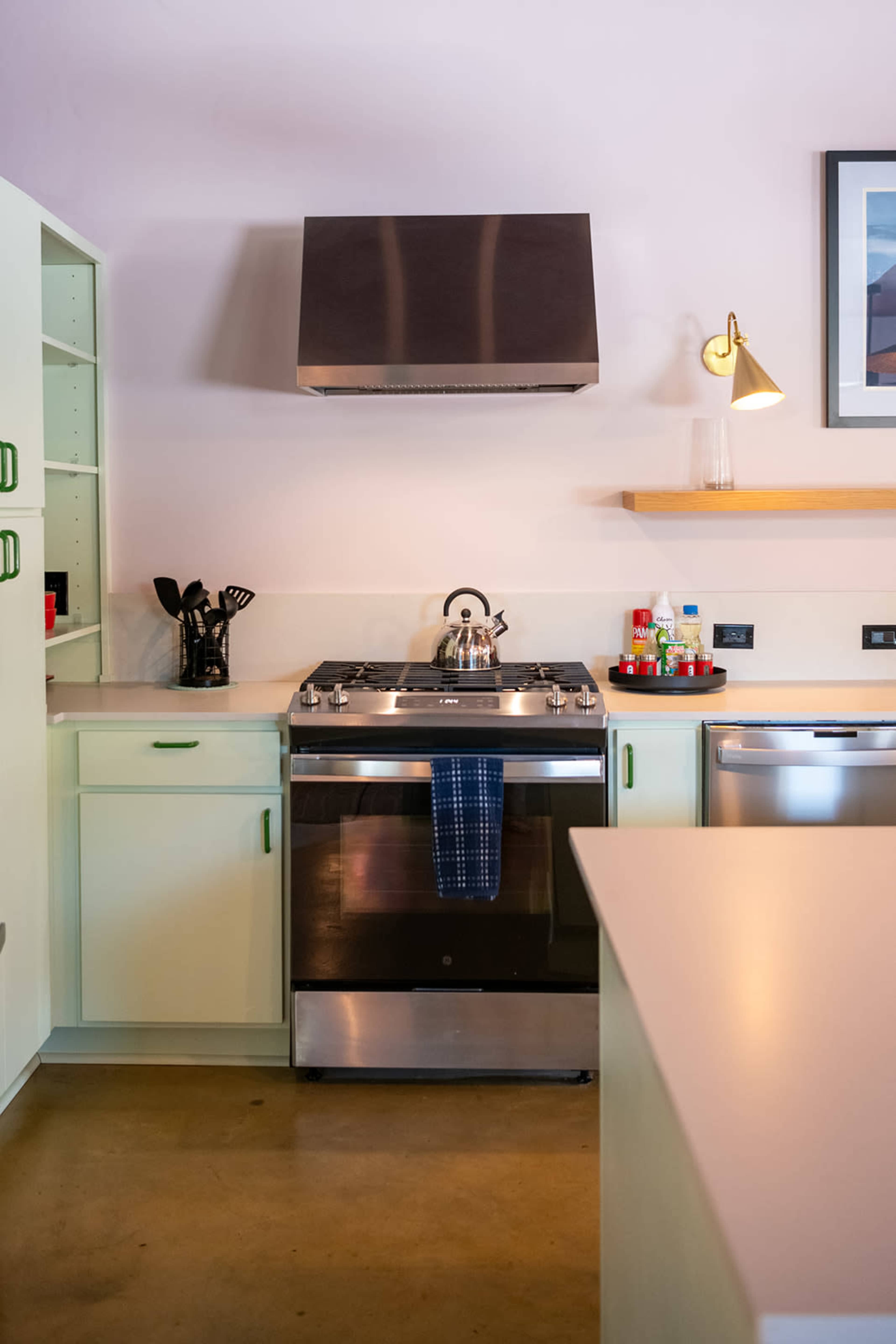 The kitchen features a stainless steel stove with a range hood, green cabinets, and a countertop along with various kitchen utensils and condiments.