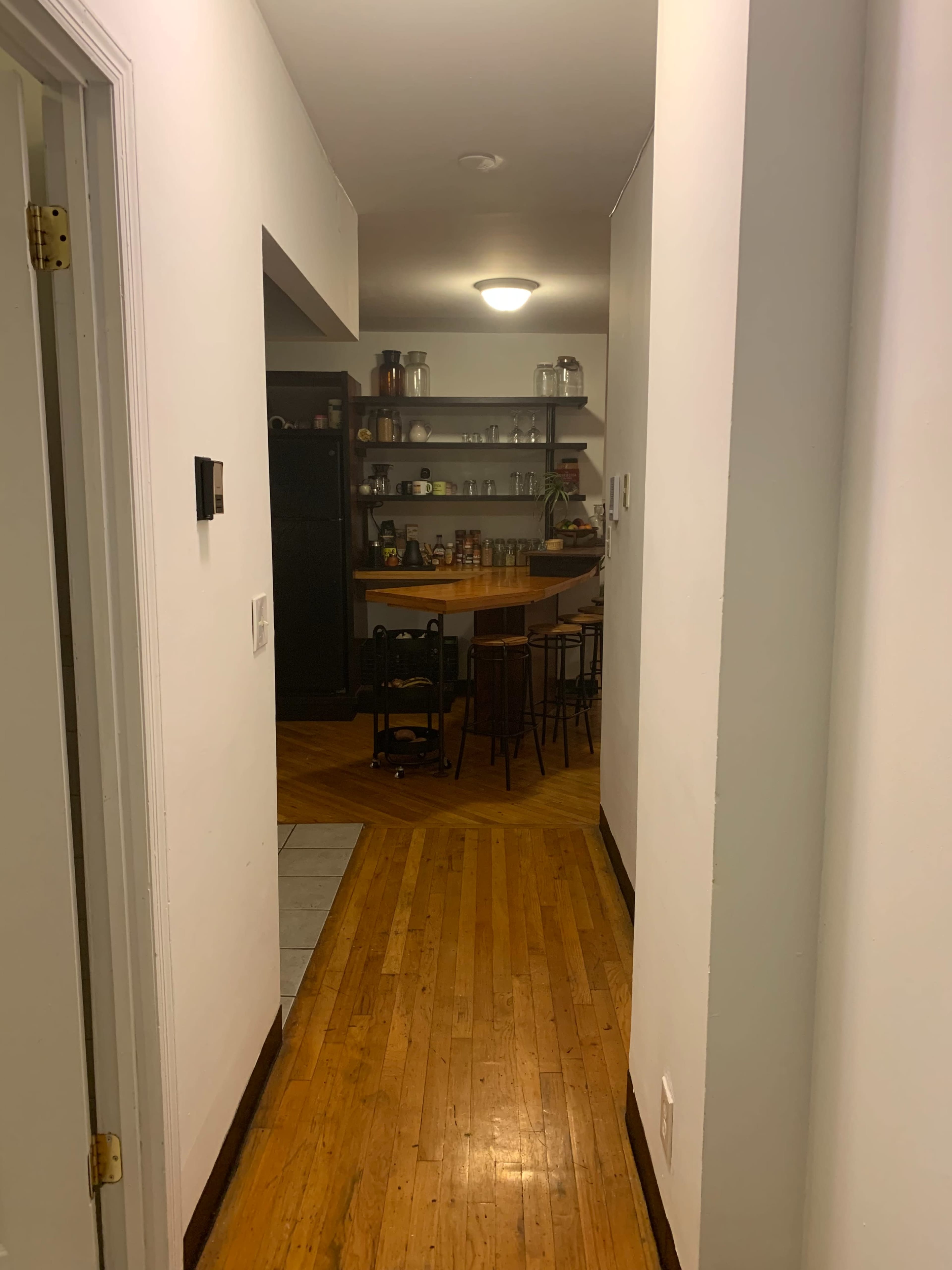 A narrow hallway leads to a kitchen area with a bar counter and shelves filled with kitchen items.