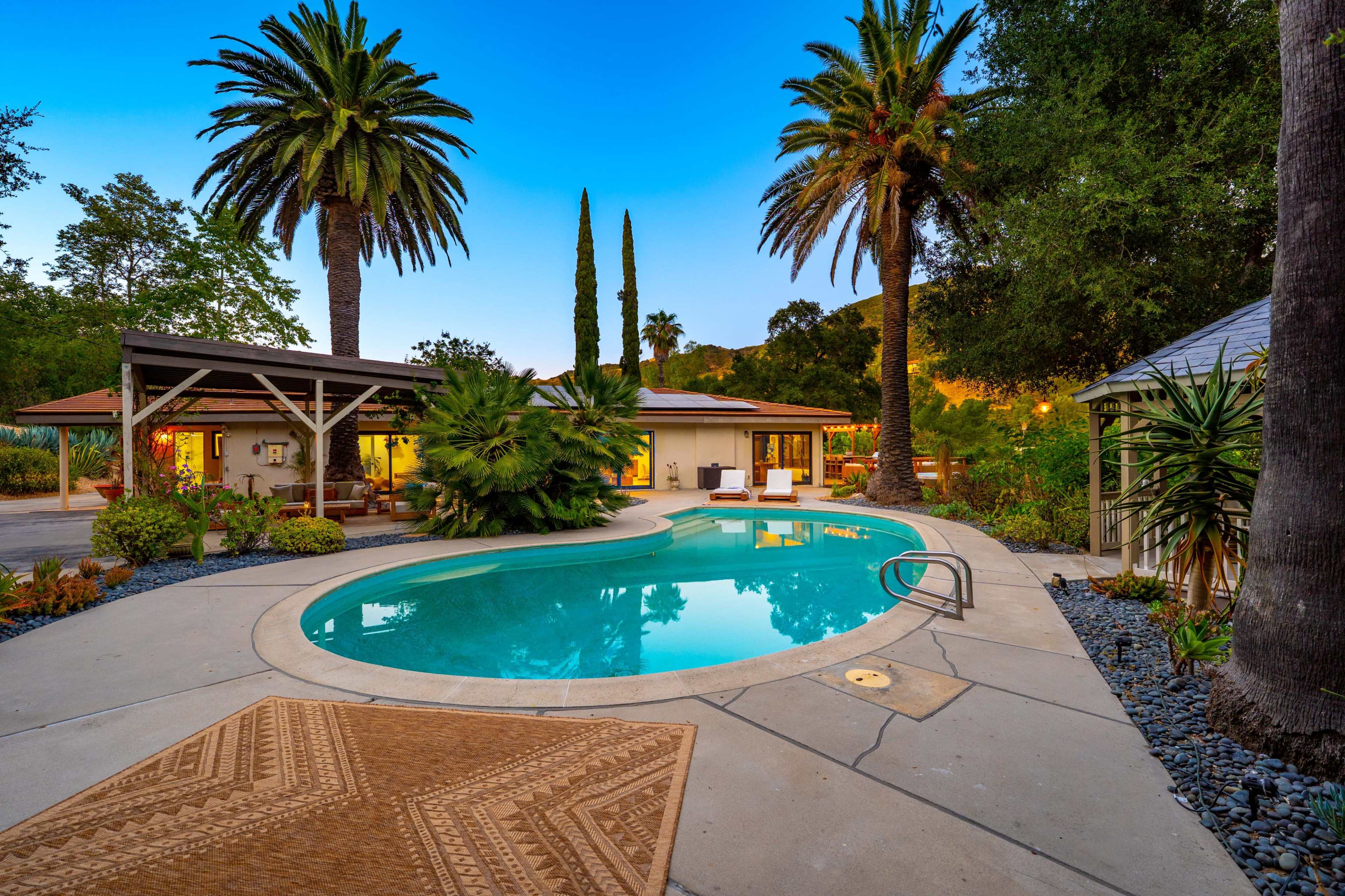 A serene backyard features a swimming pool surrounded by palm trees and landscaped plants, with a modern house visible in the background.