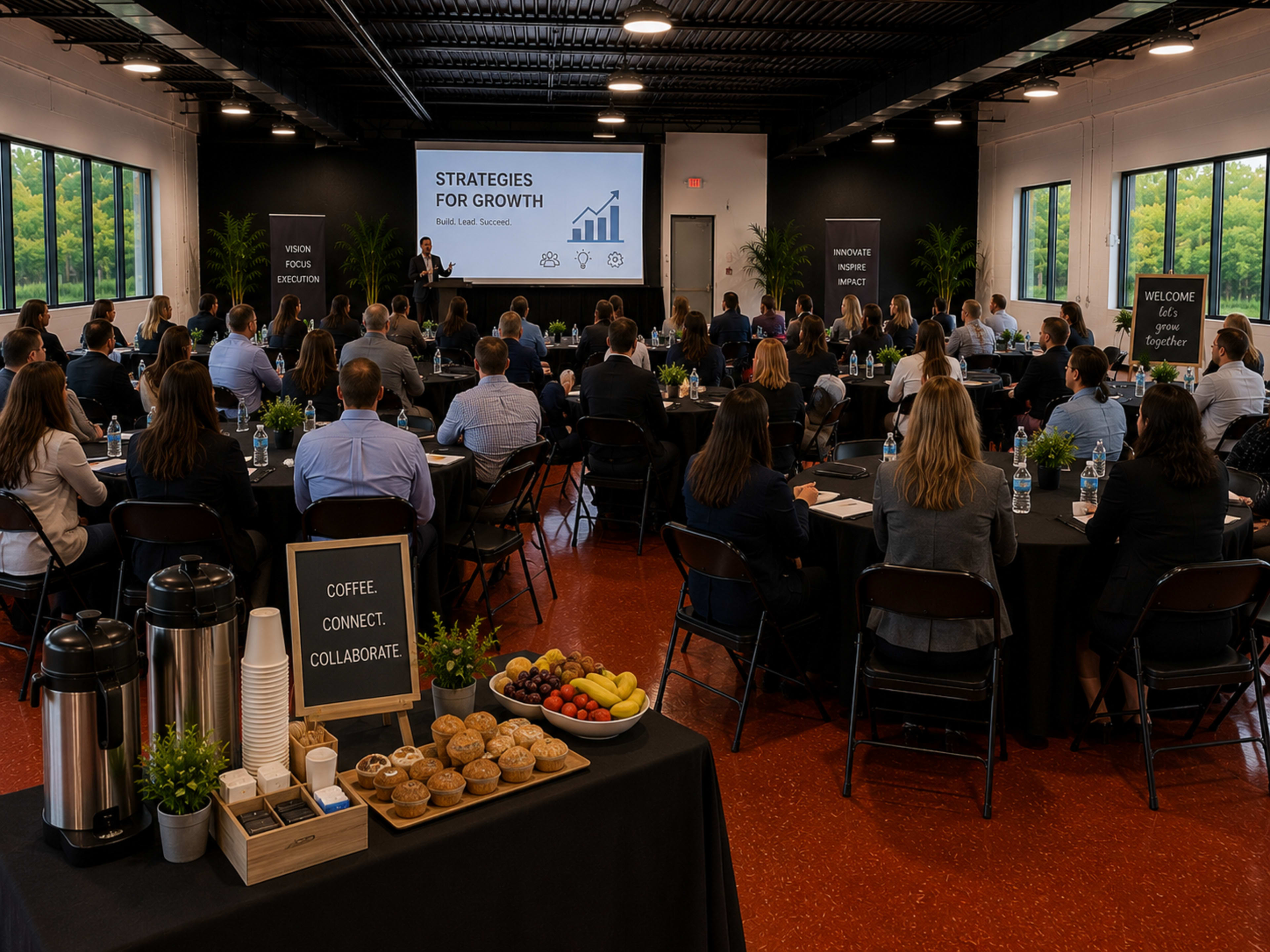 A speaker presents a growth strategy to an audience seated at tables in a conference room, with refreshments displayed in the foreground.