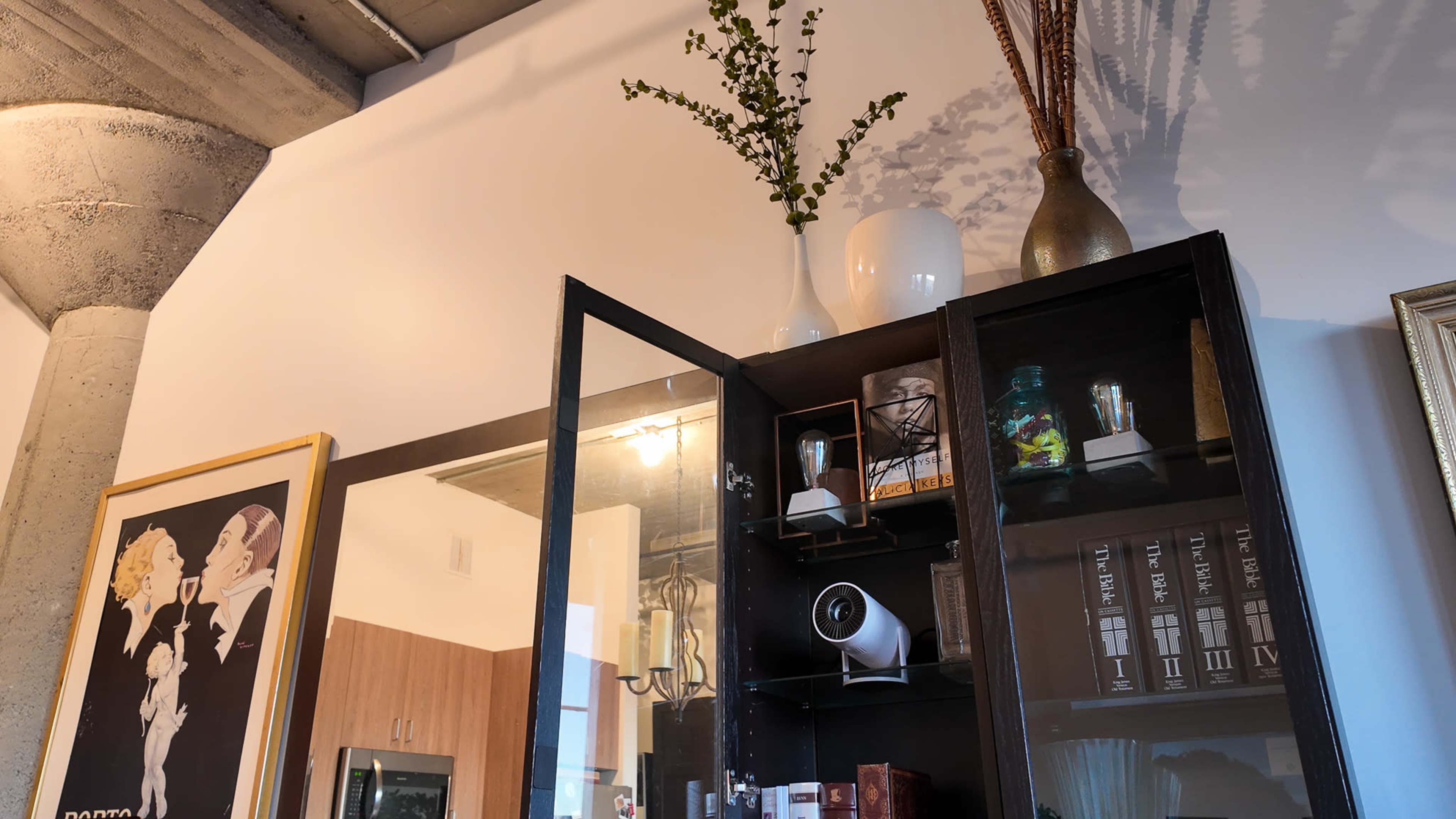 The image features a modern living space with a black cabinet displaying books and decorative items, complemented by a vase and greenery on top.