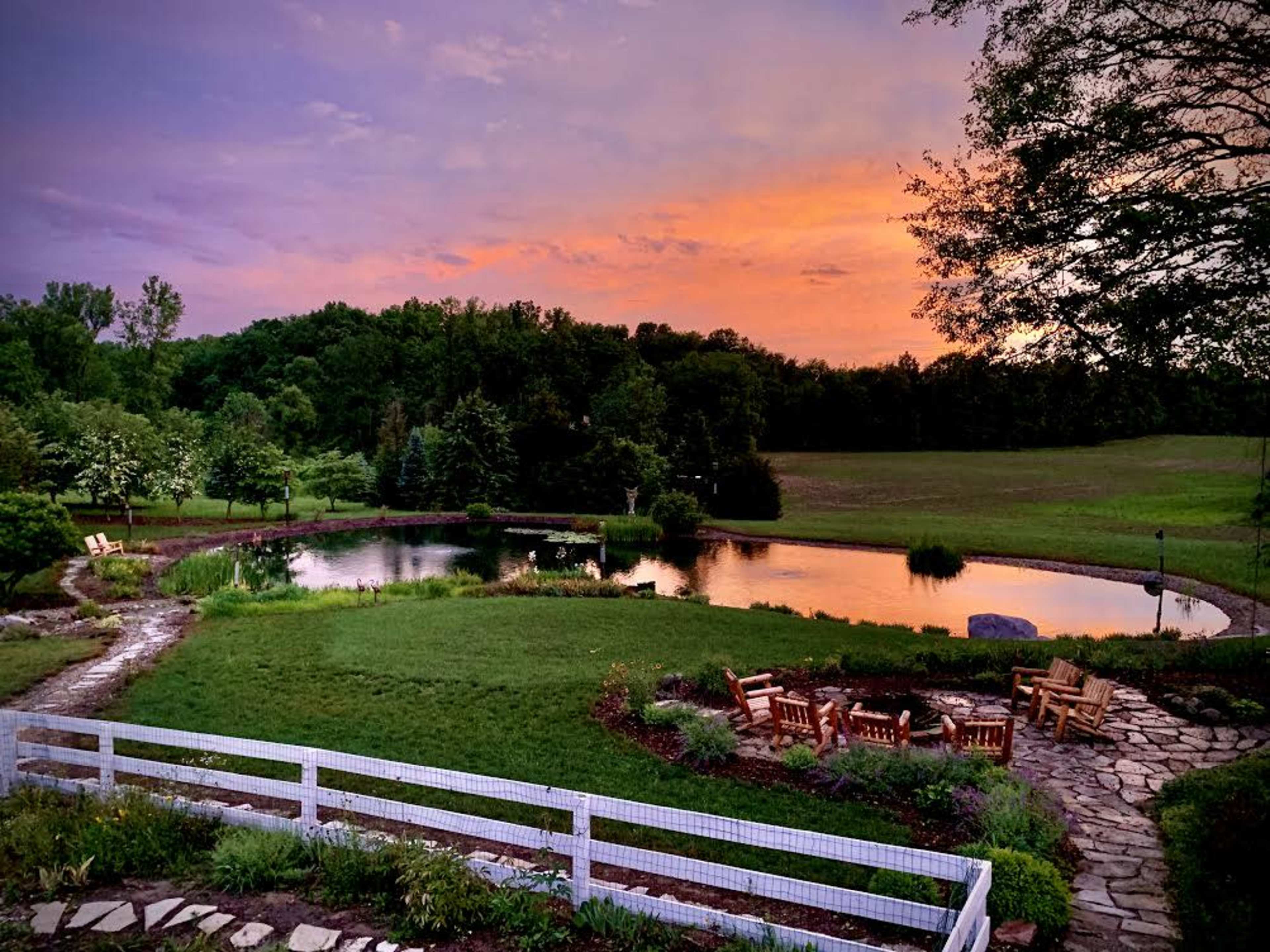 A serene landscape features a pond surrounded by lush greenery and a gravel pathway leading to seating arrangements.
