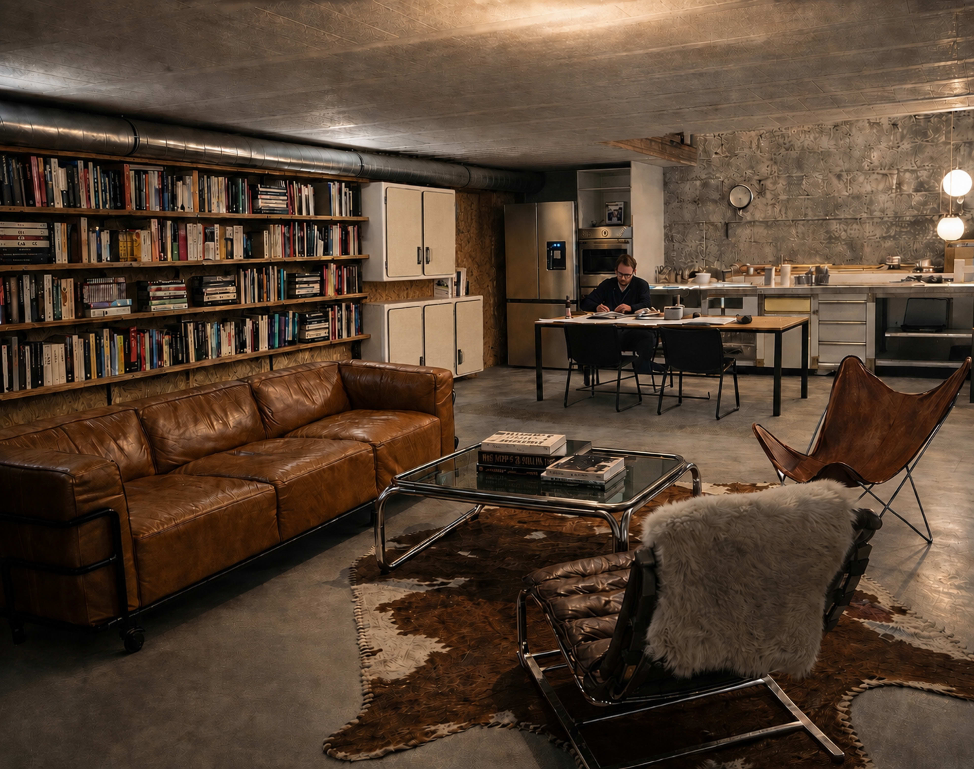 A modern basement space features a leather sofa, a glass coffee table, and a reading area with a bookshelf, while a person works at a table in the background.