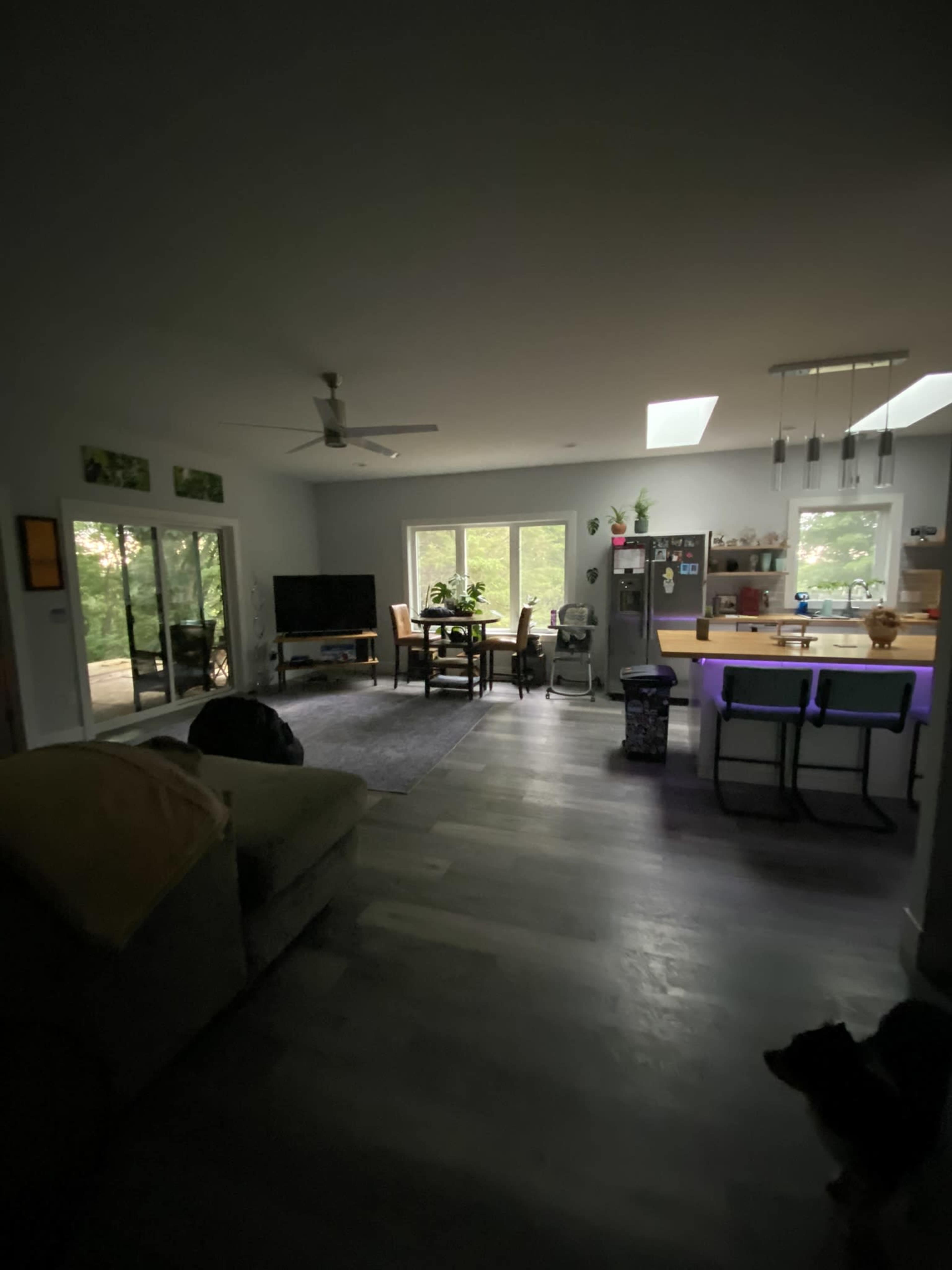 A dimly lit open living space features a kitchen area with a bar, a dining table, and a television set against a wall of windows.