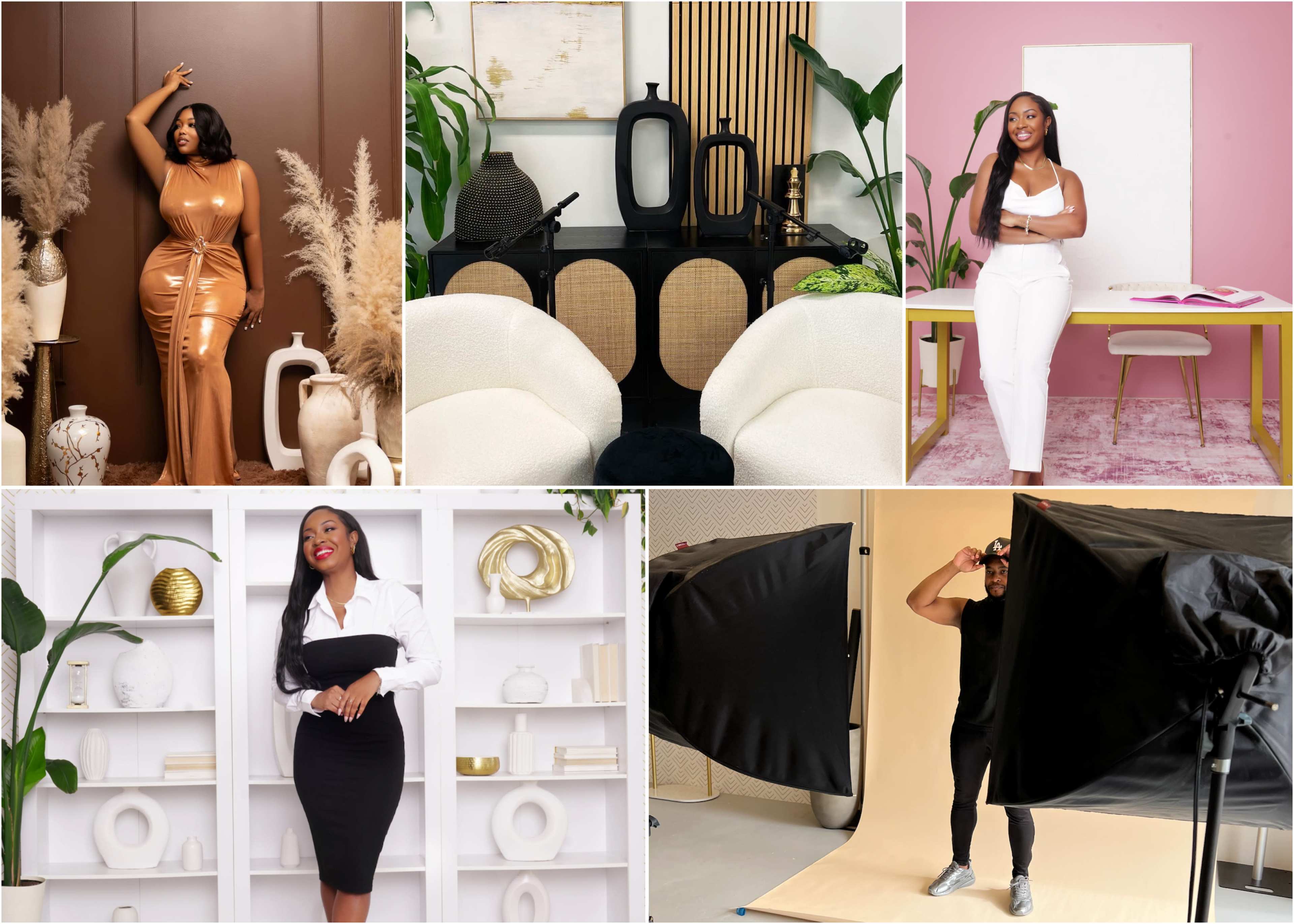 The image features a collage of six photos, showcasing various individuals posing in stylish outfits, alongside elegant interior design elements and photography setups.