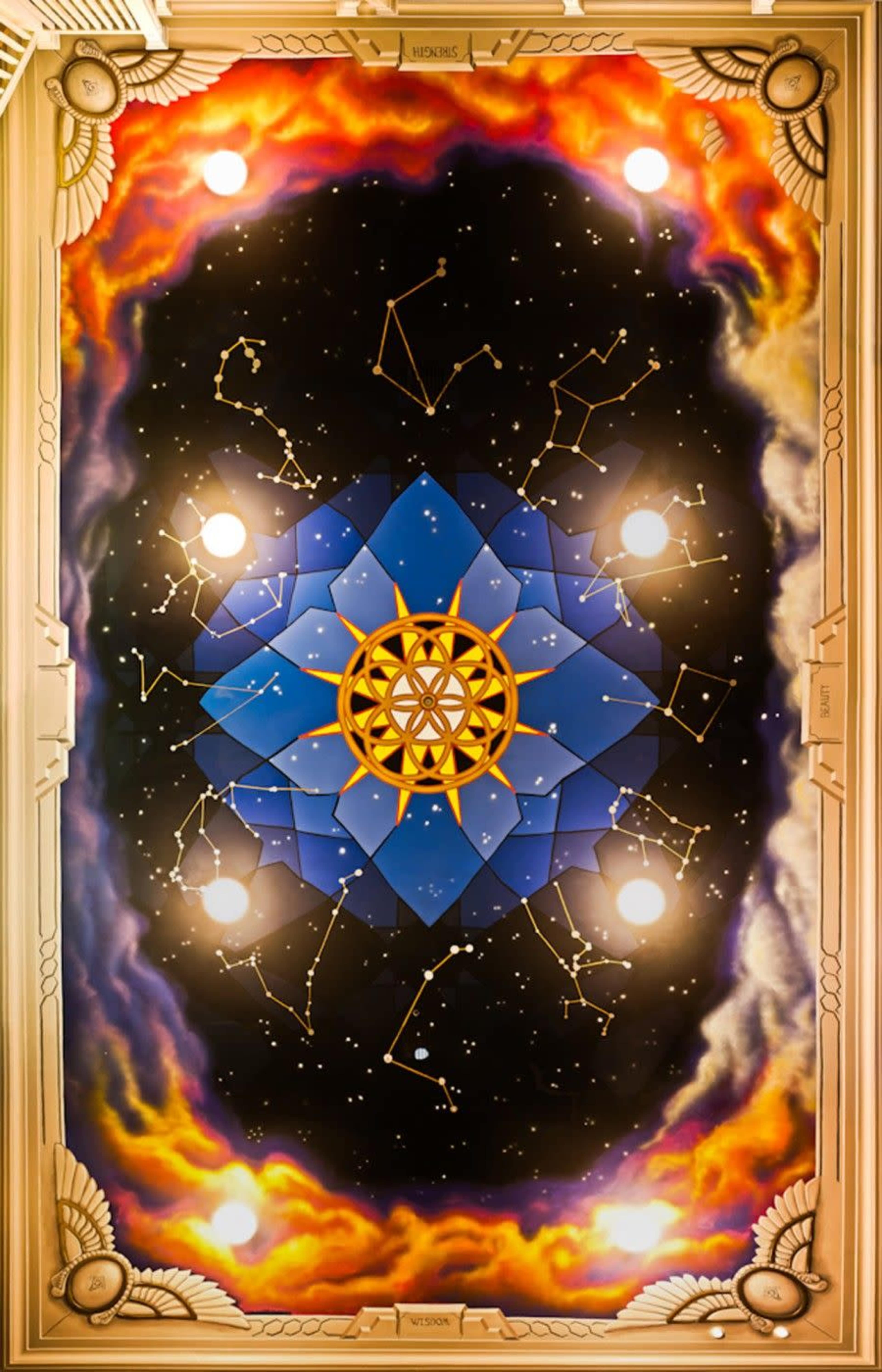 The image features a celestial-themed ceiling mural with a geometric blue flower at the center, surrounded by constellations and vibrant clouds.