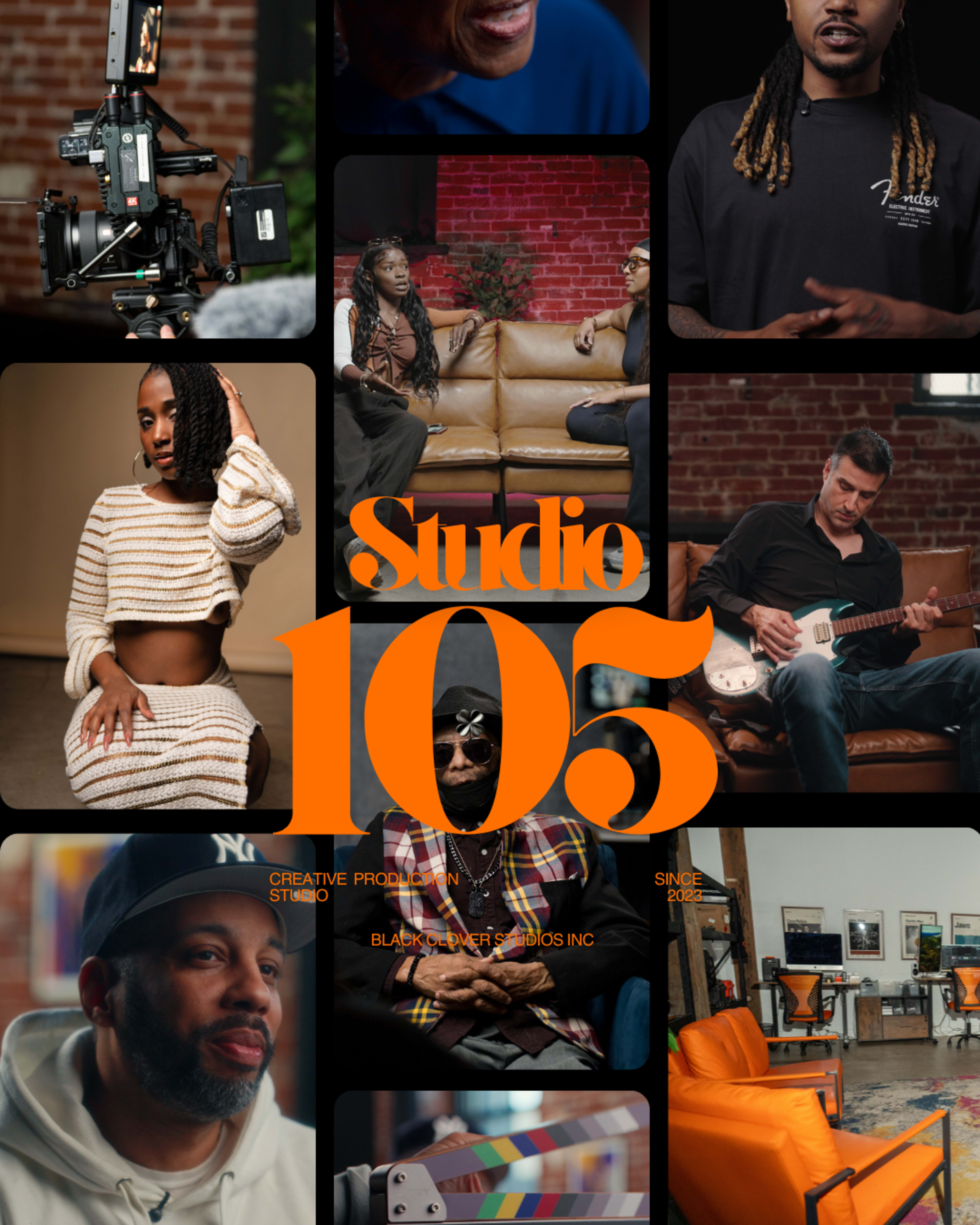 The image features a collage of various scenes from a creative studio, showcasing individuals engaged in different activities related to filmmaking, music, and collaboration.