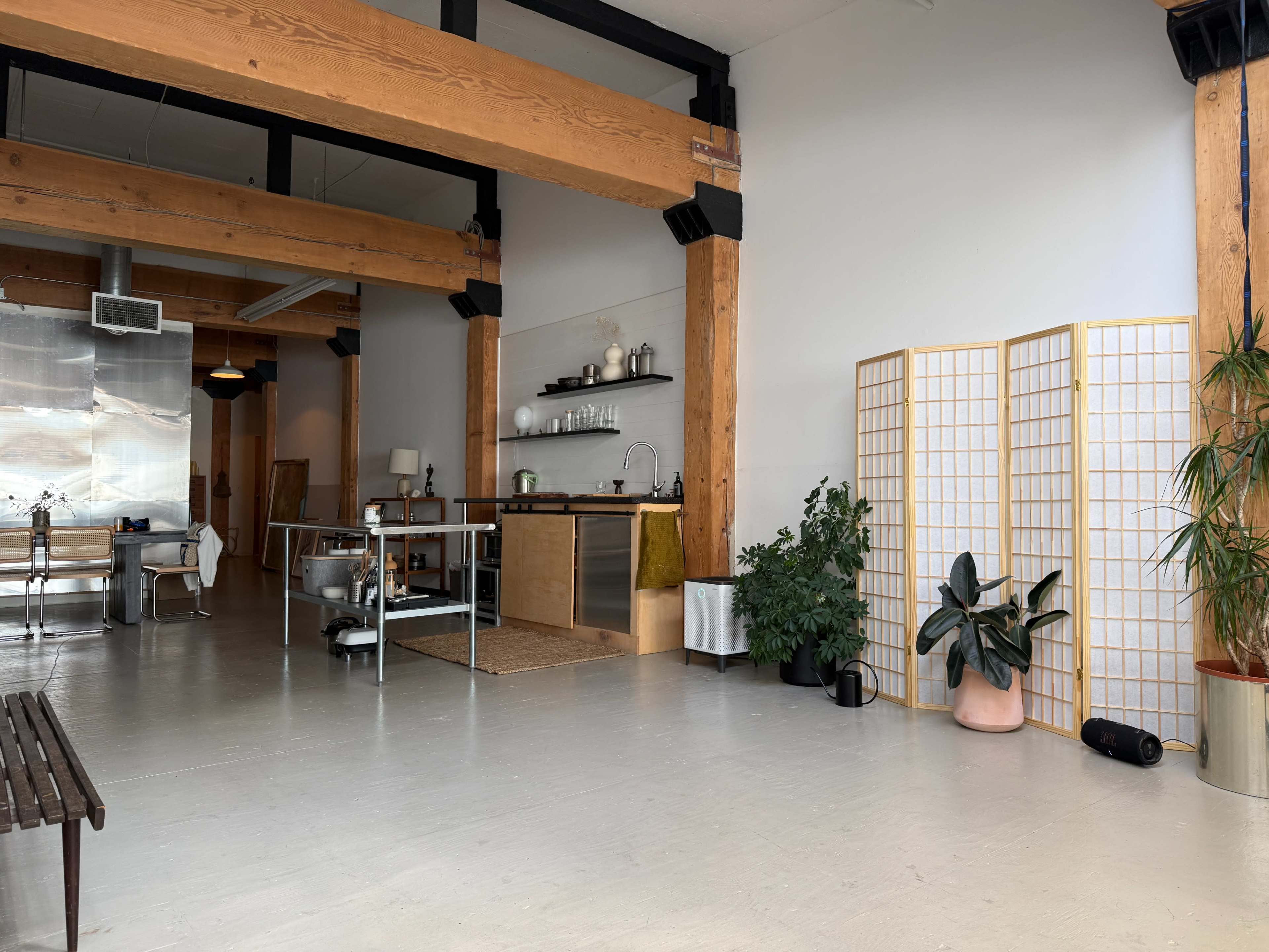 The image shows an open, minimalist studio space featuring wooden beams, a kitchenette, a seating area, and plants in decorative pots.