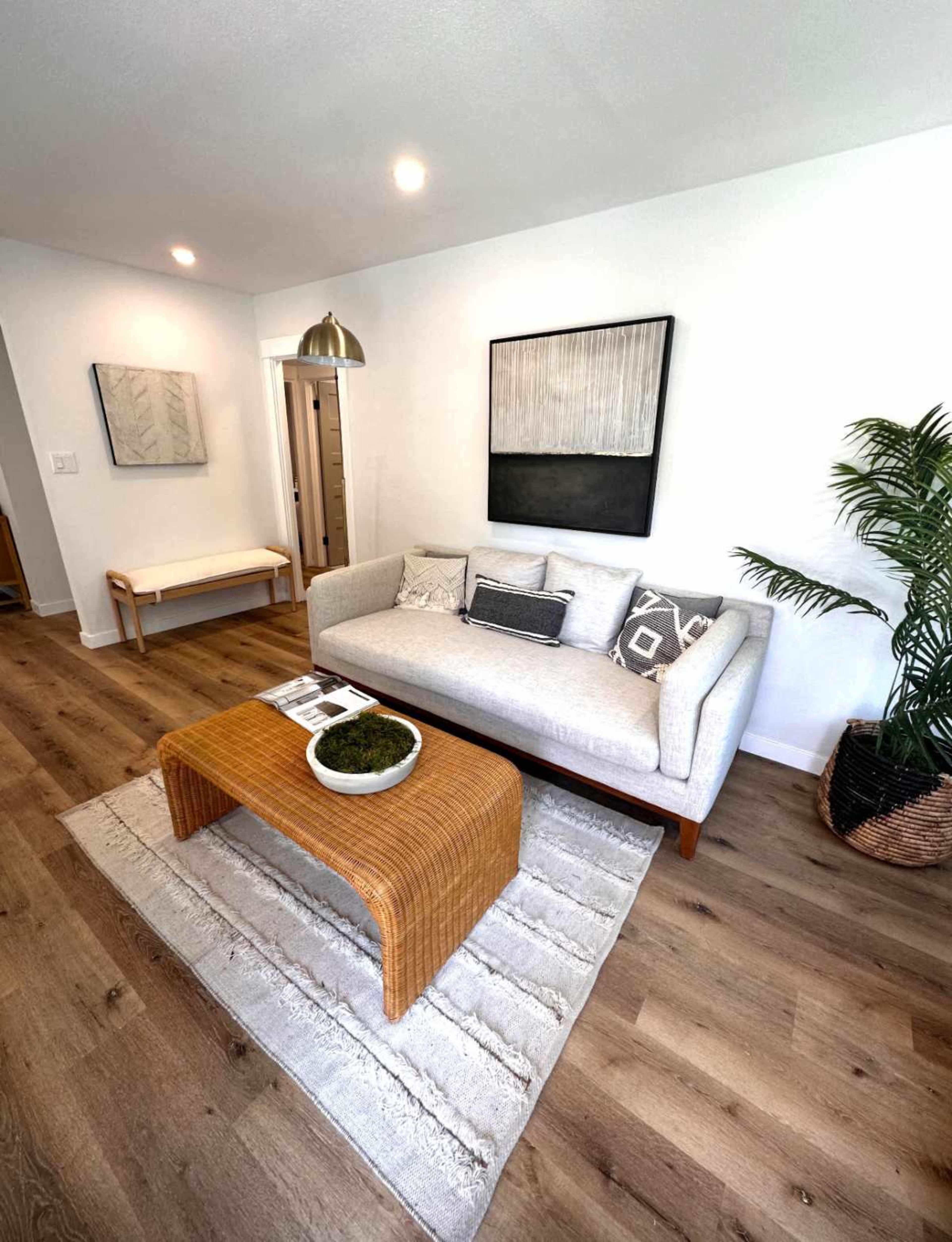 The image shows a modern living room featuring a light gray couch, a woven coffee table, and a large framed artwork on the wall above the couch.