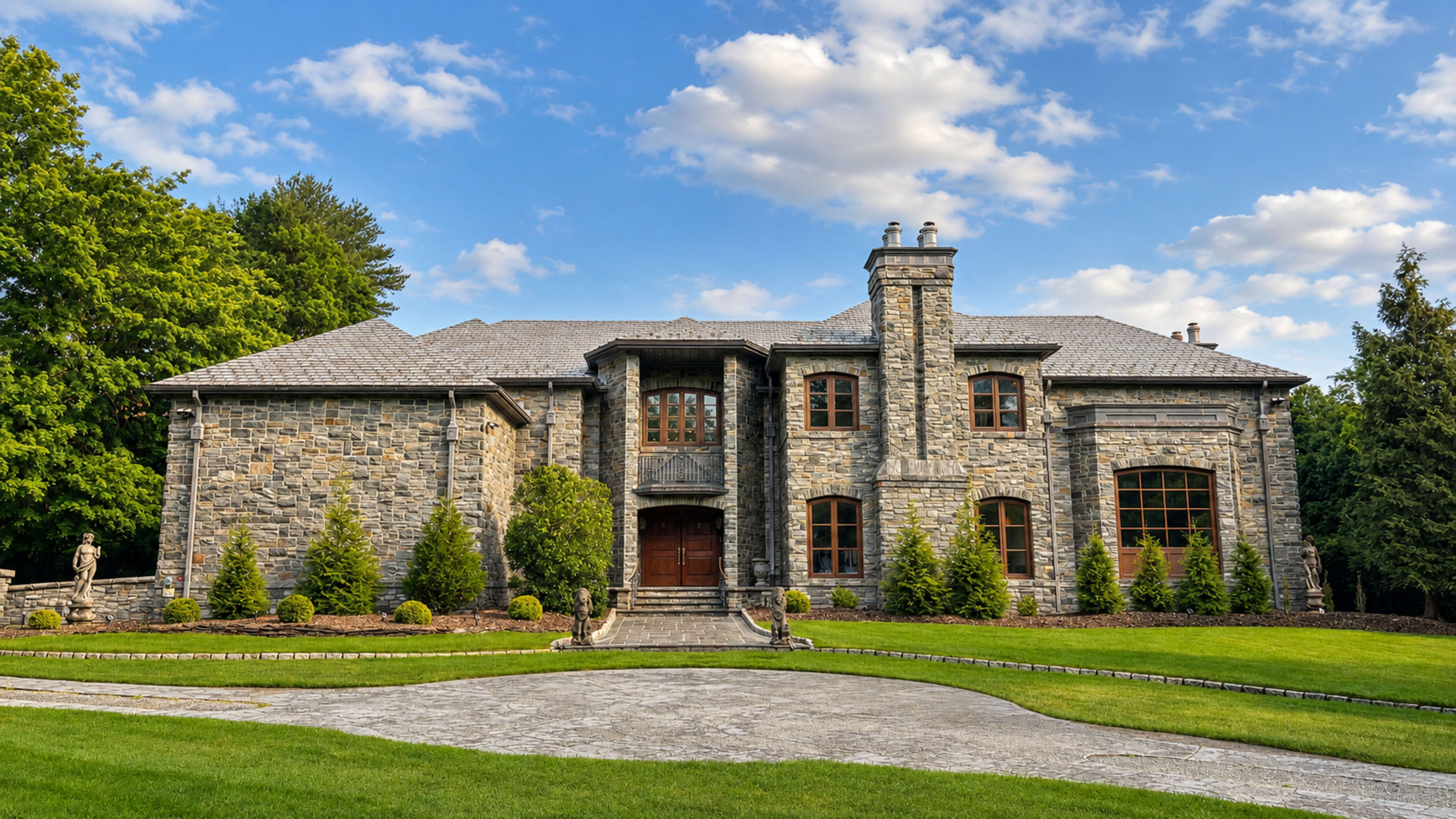 The image shows a large, stone house with a symmetrical facade, prominent front entrance, and manicured lawn surrounded by trees.