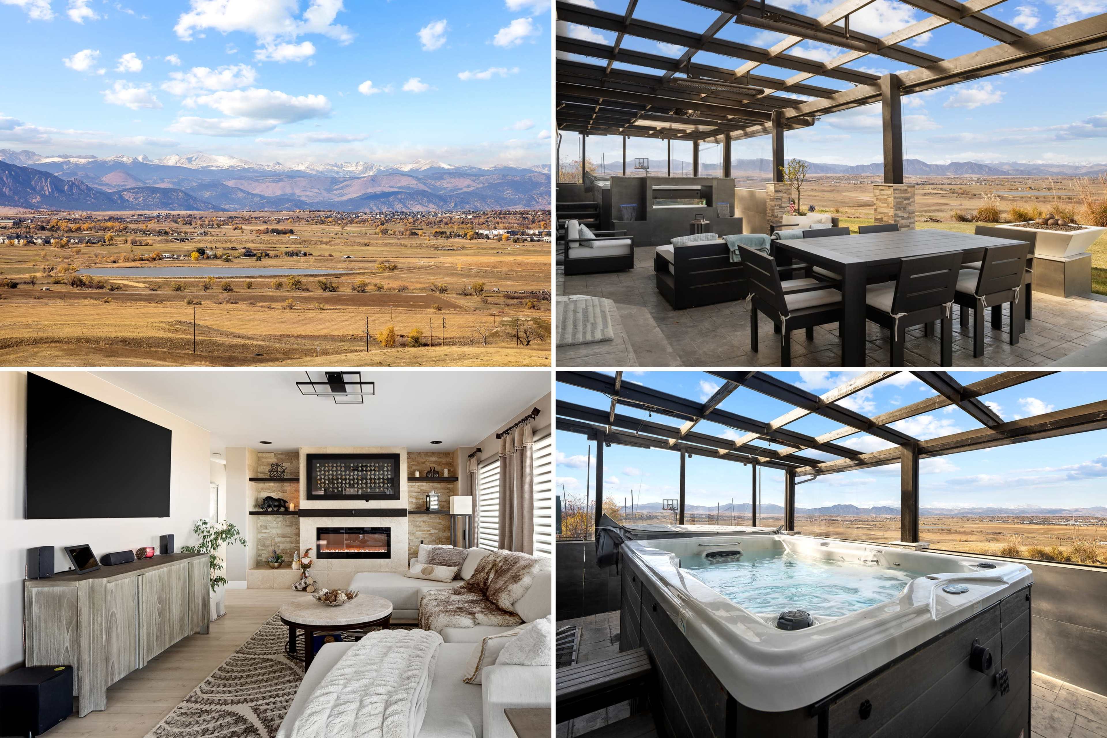 The image showcases a spacious outdoor area with a view of mountains and farmland, featuring a modern patio setup, dining furniture, and a hot tub.