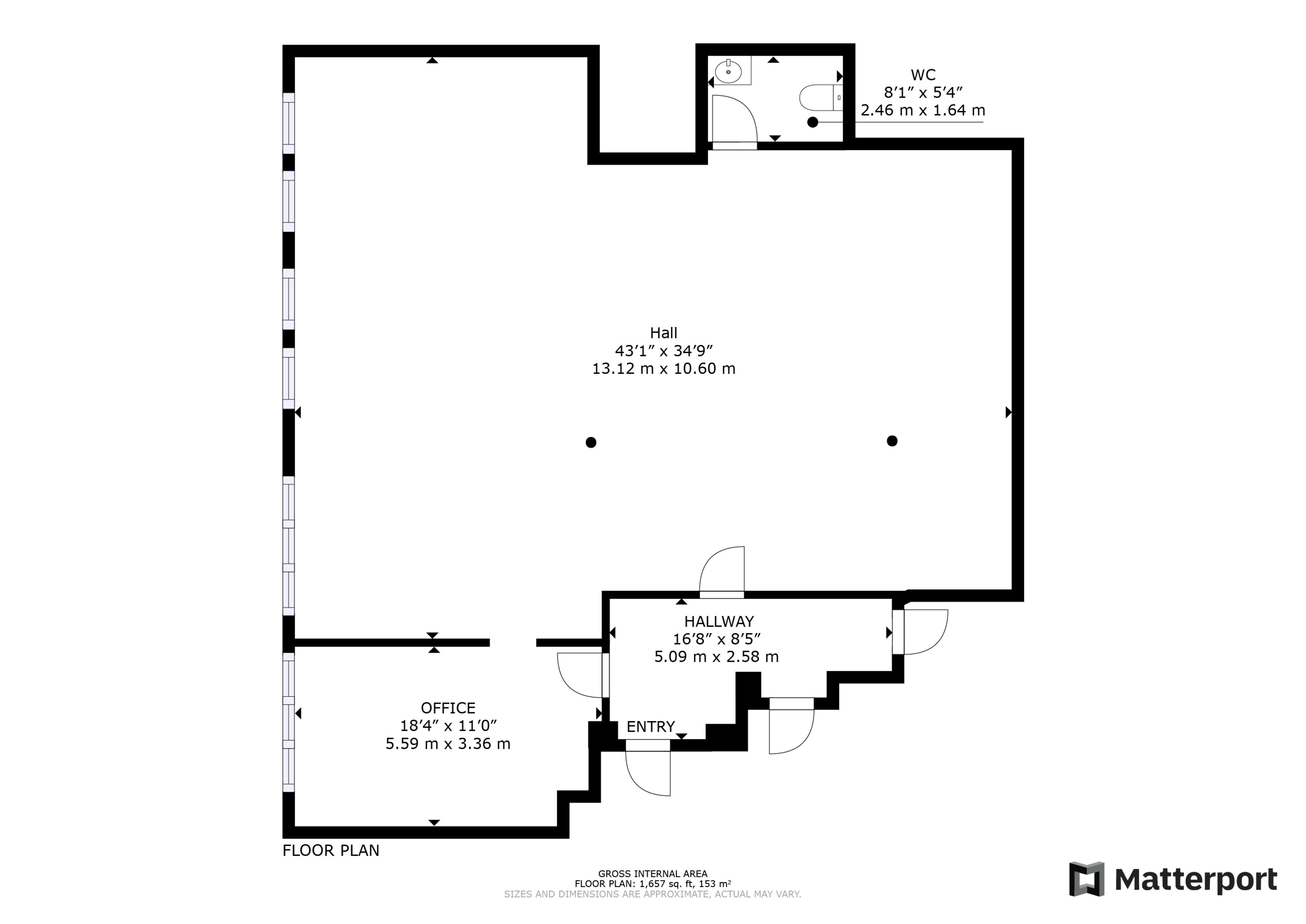 A labeled floor plan of a space, including an office, hallway, entry, and a restroom.