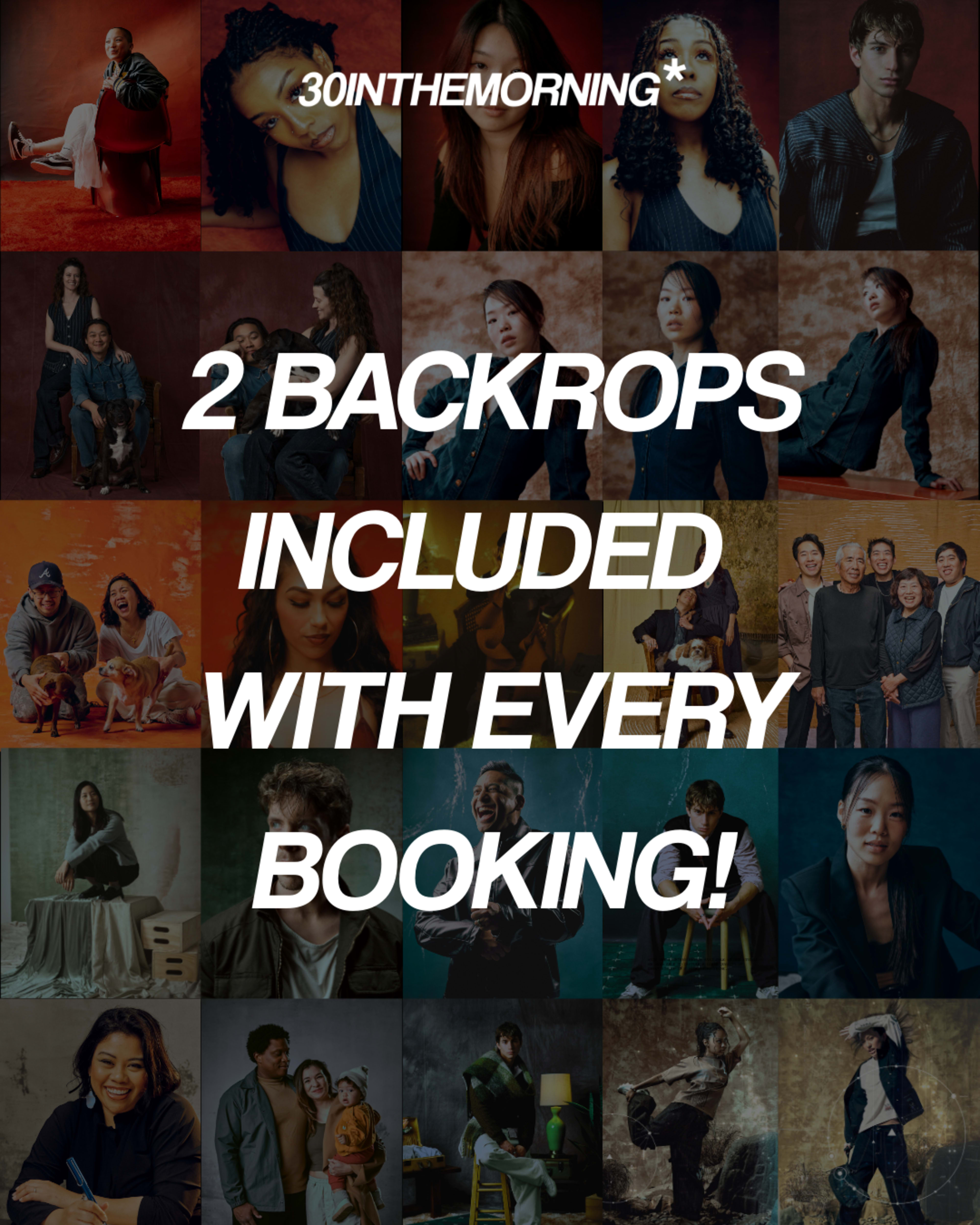 The image features a collage of diverse portraits against various textured backdrops, with a bold text overlay promoting a photography service that includes two backdrops with every booking.