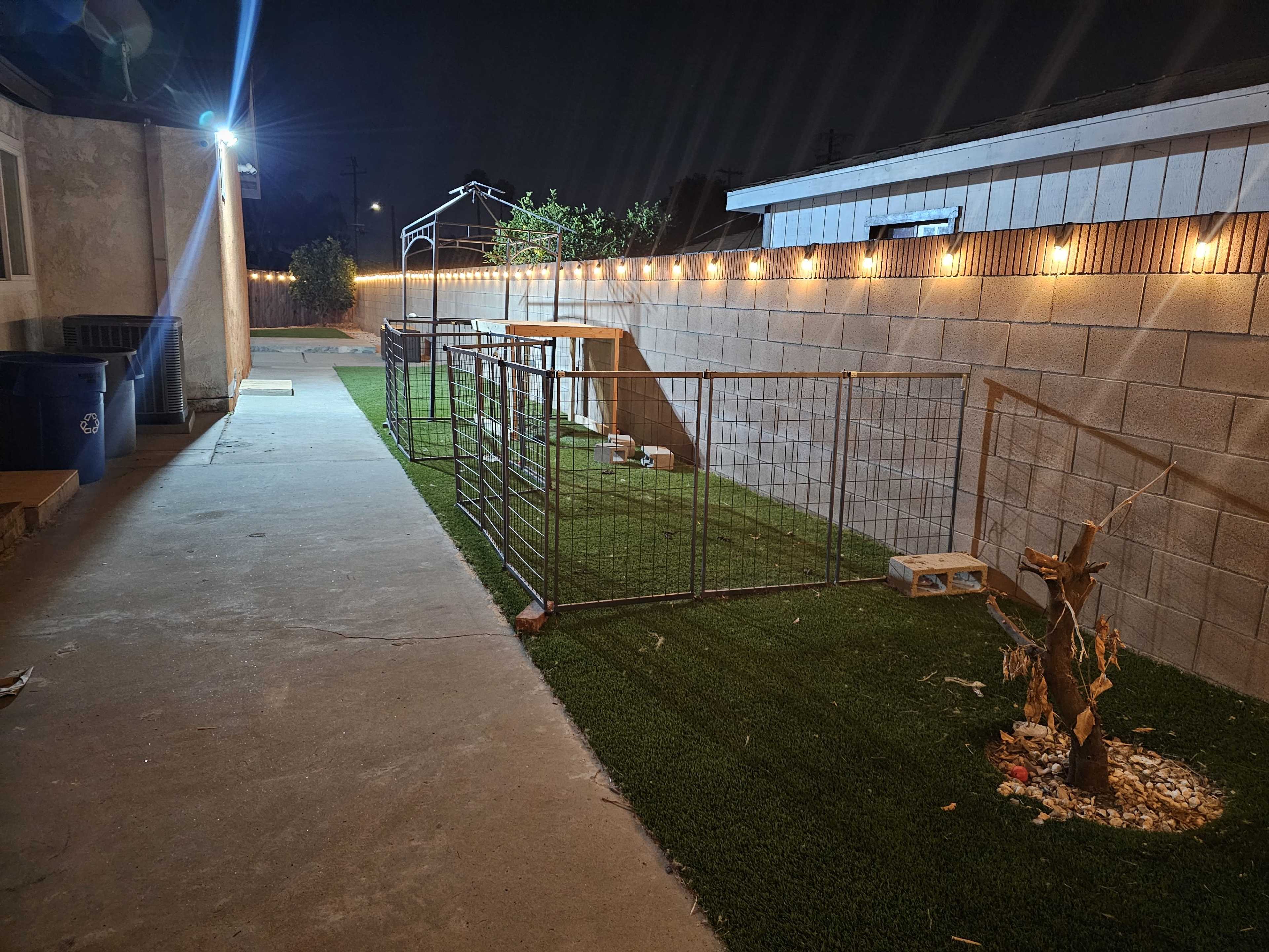 A long, narrow backyard at night with a fenced area on grass, trash cans, and string lights illuminating the space.