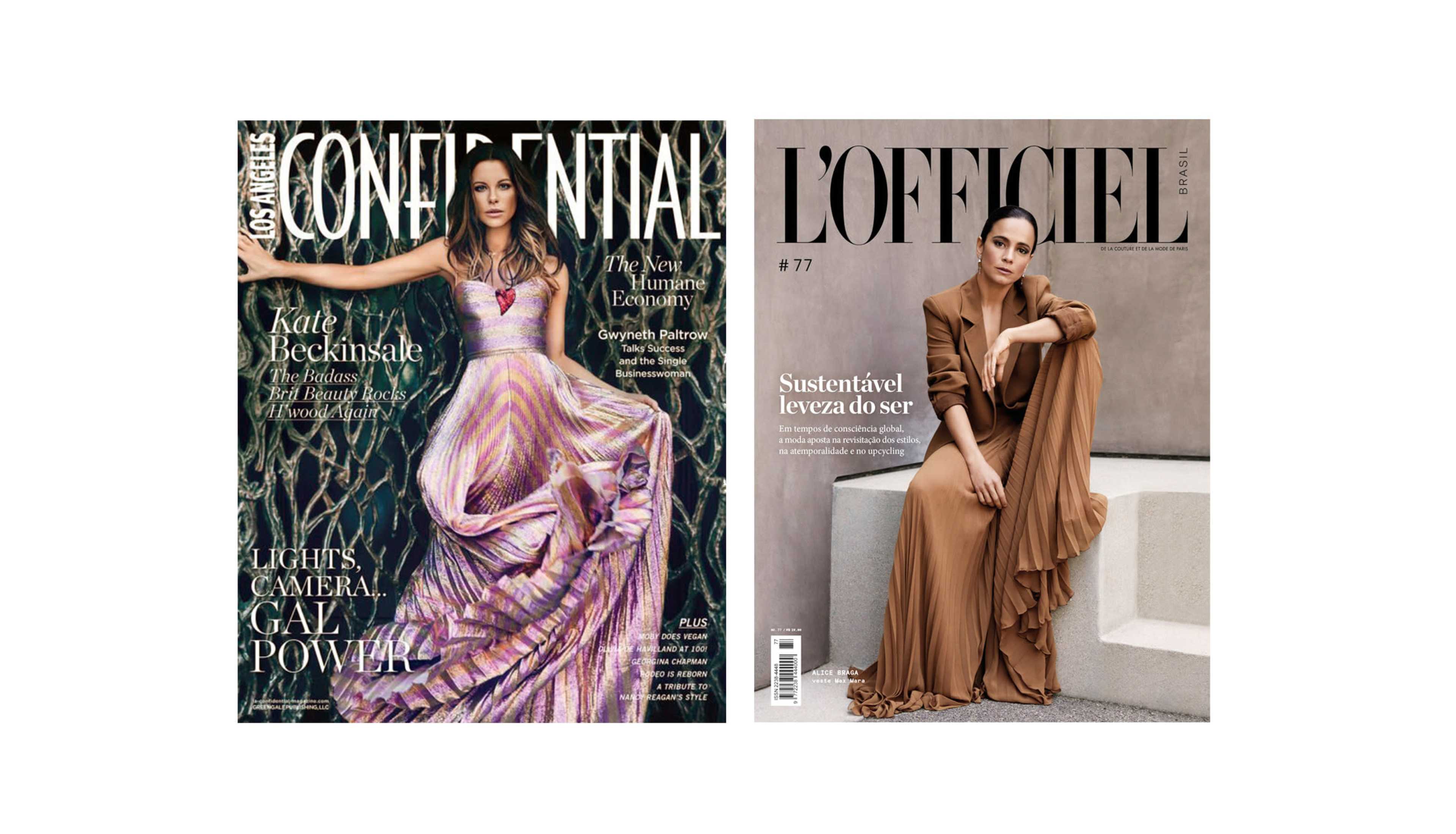The image displays two magazine covers: the left features a woman in a purple dress on "Los Angeles Confidential," and the right showcases a woman in a brown outfit on "L'Officiel," issue #77.