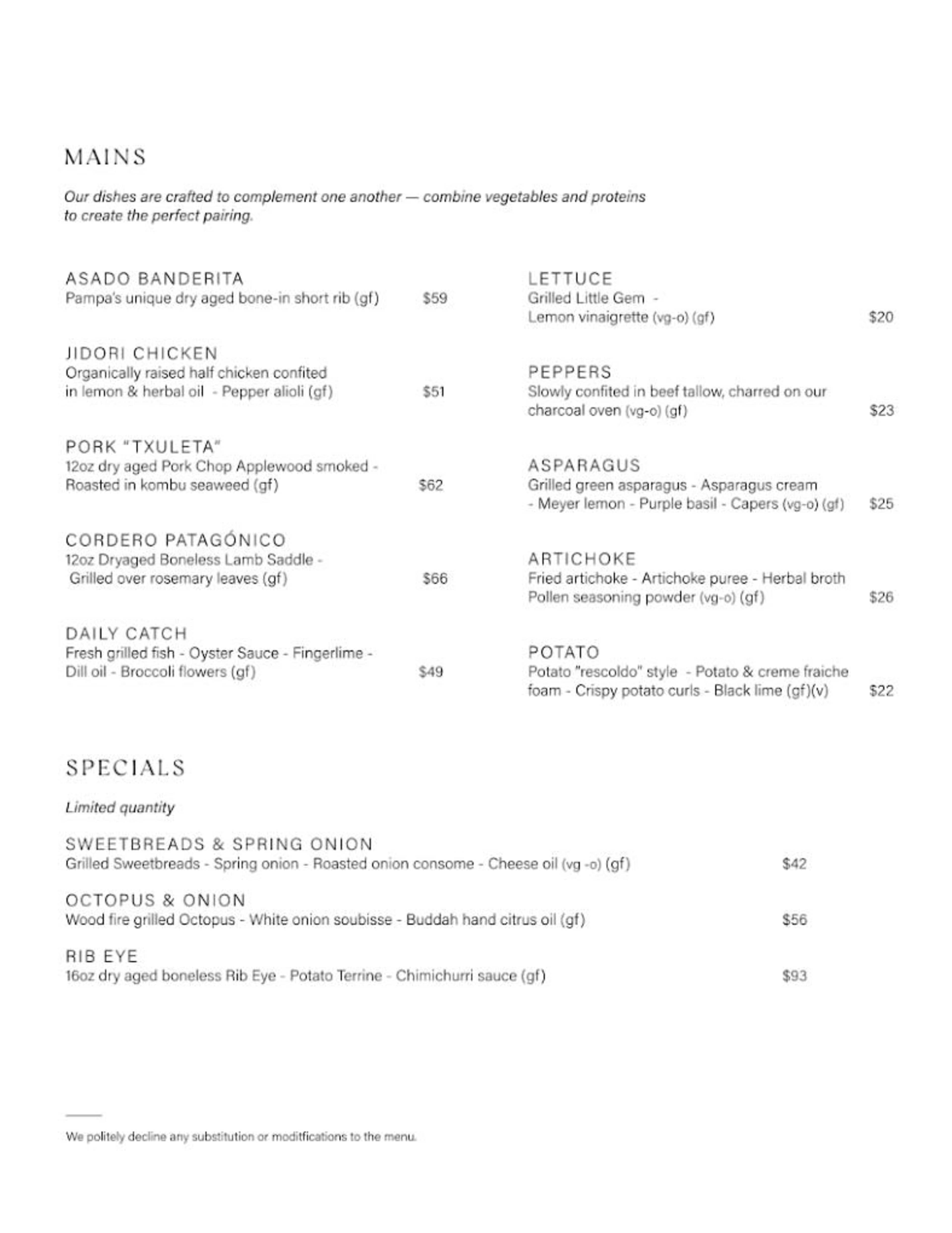 Menu offerings