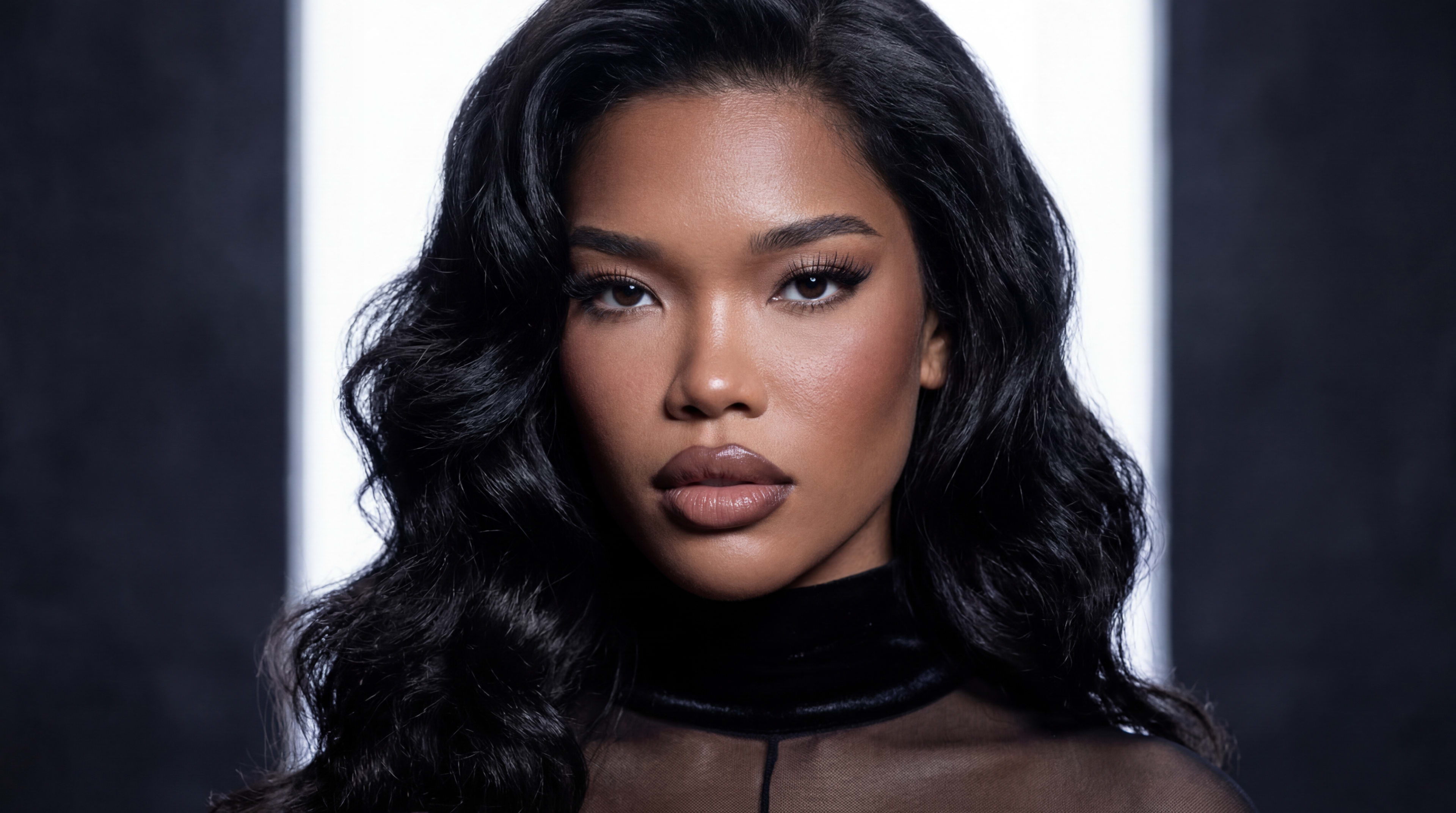 The image features a woman with long, wavy black hair and a serious expression, set against a dramatic background with light contrasts.