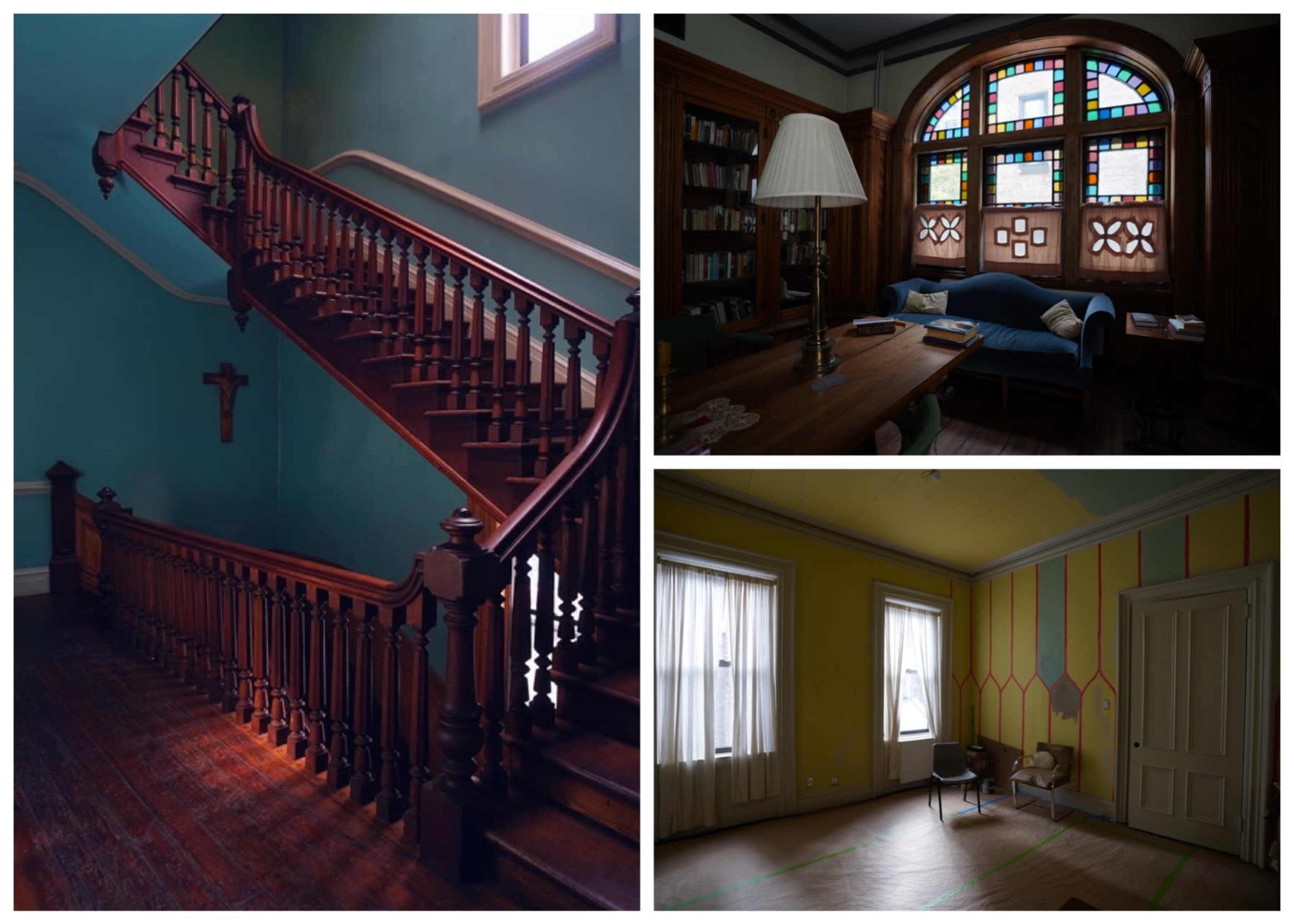 Three scenes: a wooden staircase with a cross on the wall, a study area with a stained glass window and a lamp, and a room with yellow walls and colorful striped accents.