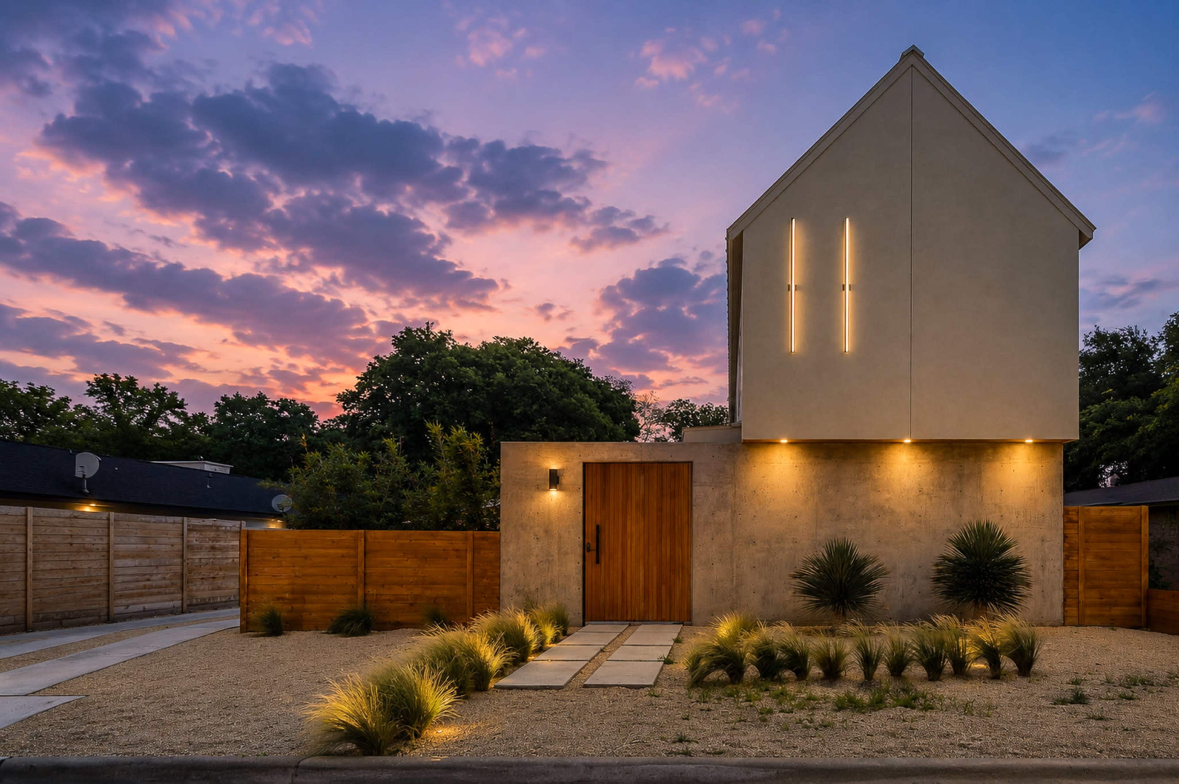A modern, two-story house with a sloped roof and vertical lights stands beside a gravel yard, framed by wooden fencing and lit by evening twilight.
