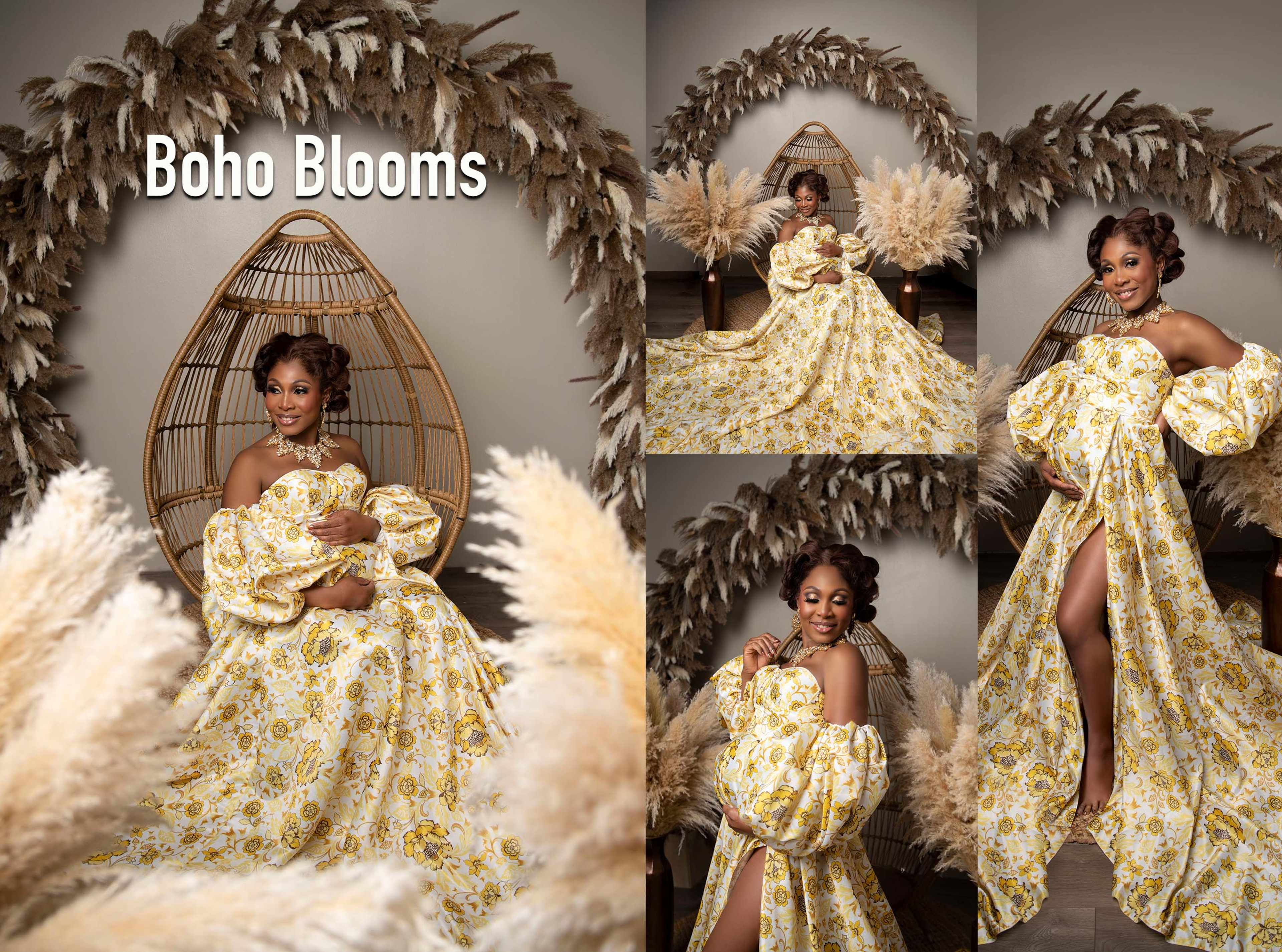 A woman wearing a floral-patterned gown poses gracefully in a studio setting with a large, decorative woven backdrop and pampas grass.