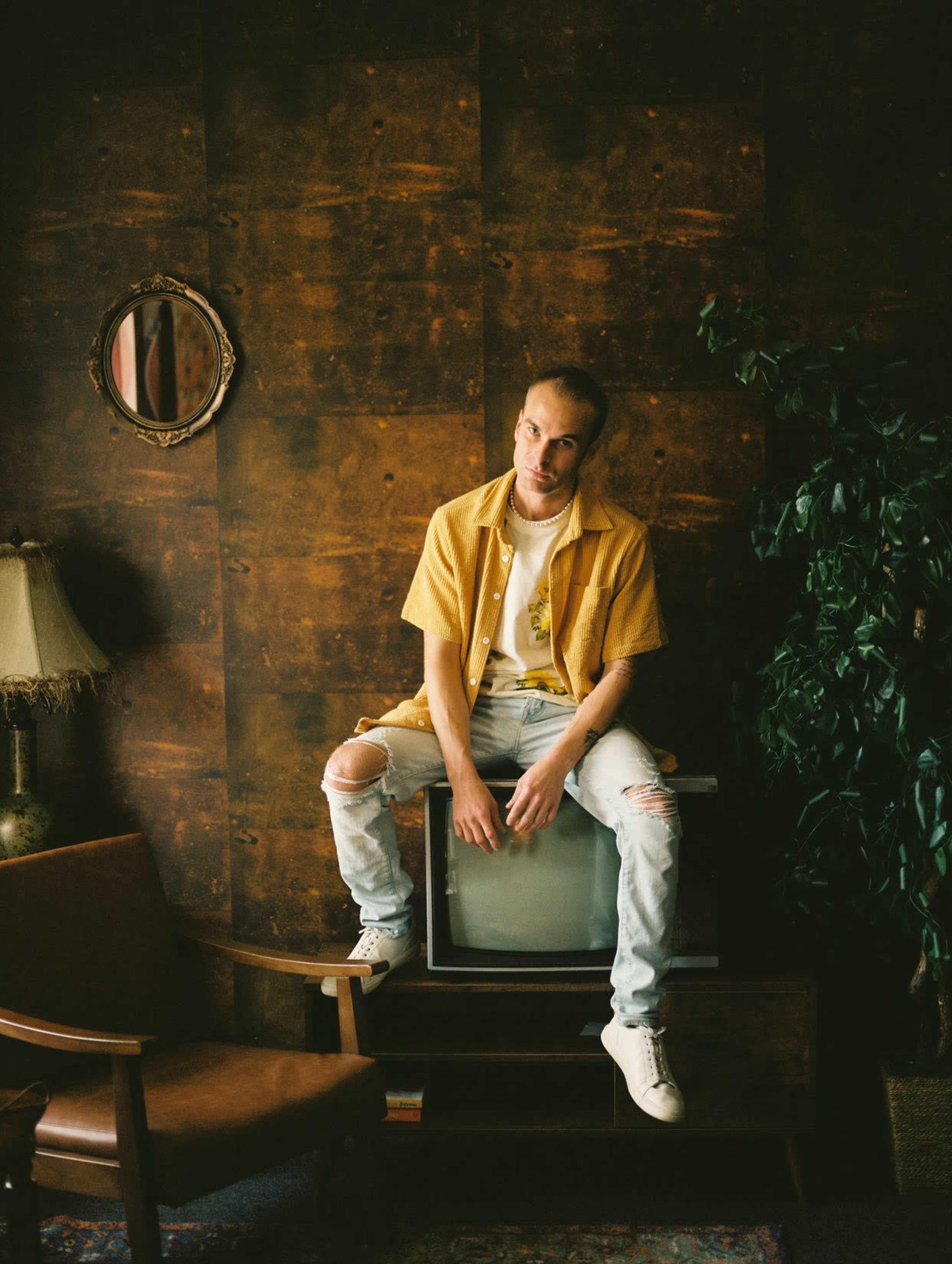 A person sits atop an old television in a room with a textured brown wall, a lamp, and a potted plant nearby.