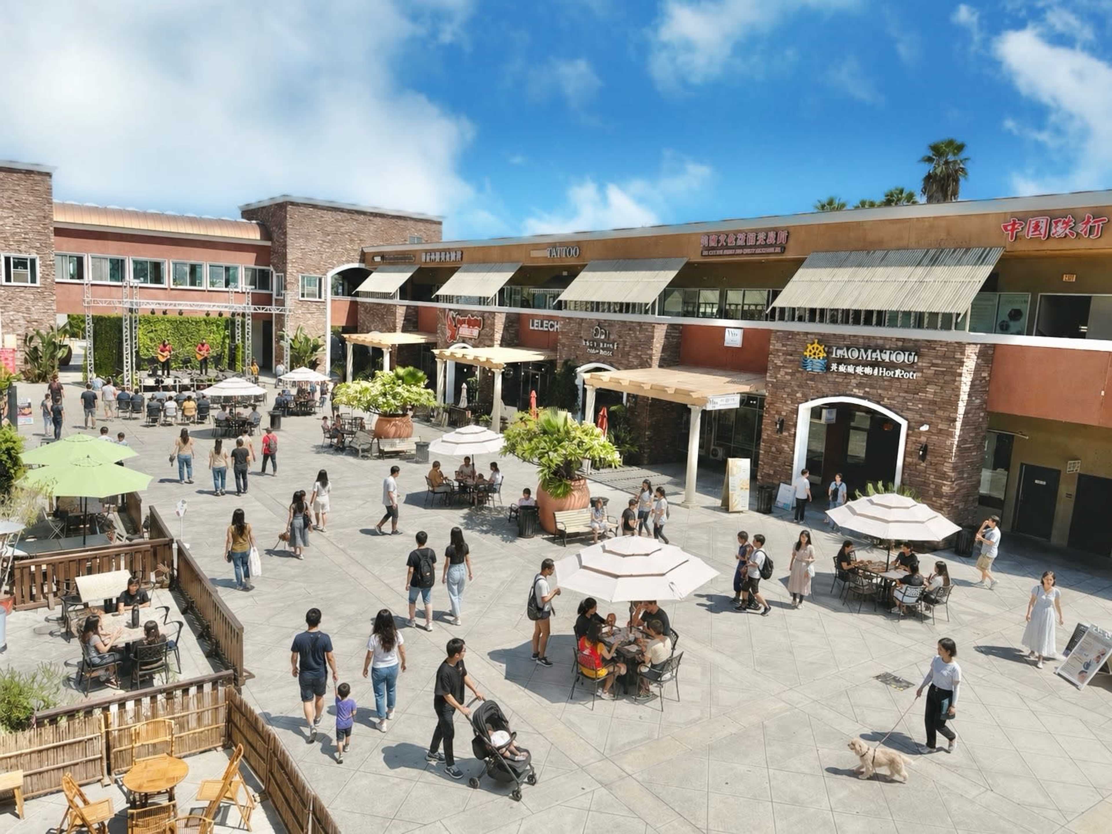 A busy outdoor shopping area features a mix of people walking, dining, and shopping under umbrellas and beside various storefronts.
