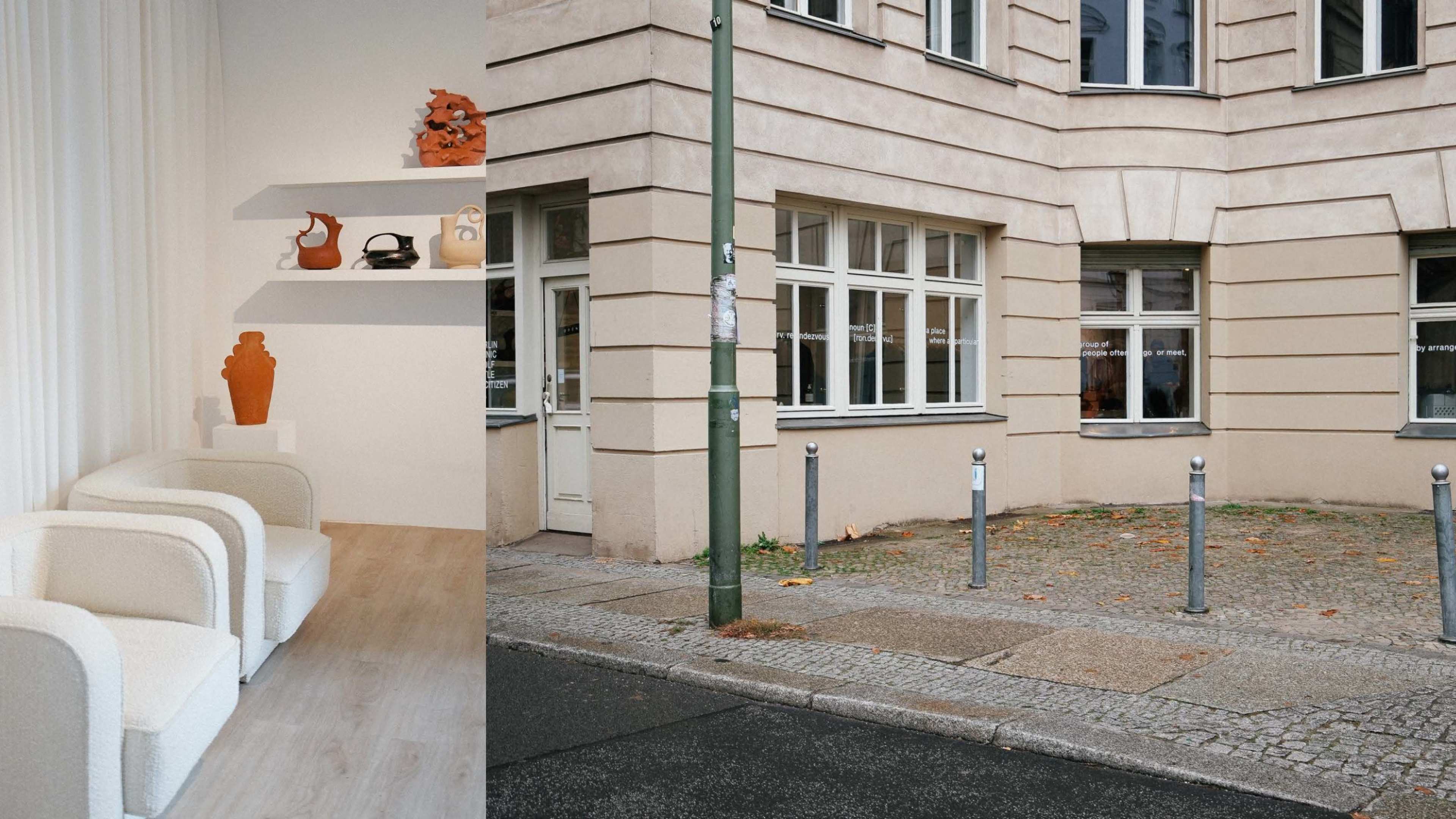 The image shows a modern interior space with white walls and three plush chairs on the left, and a street corner with a beige building and metal bollards on the right.