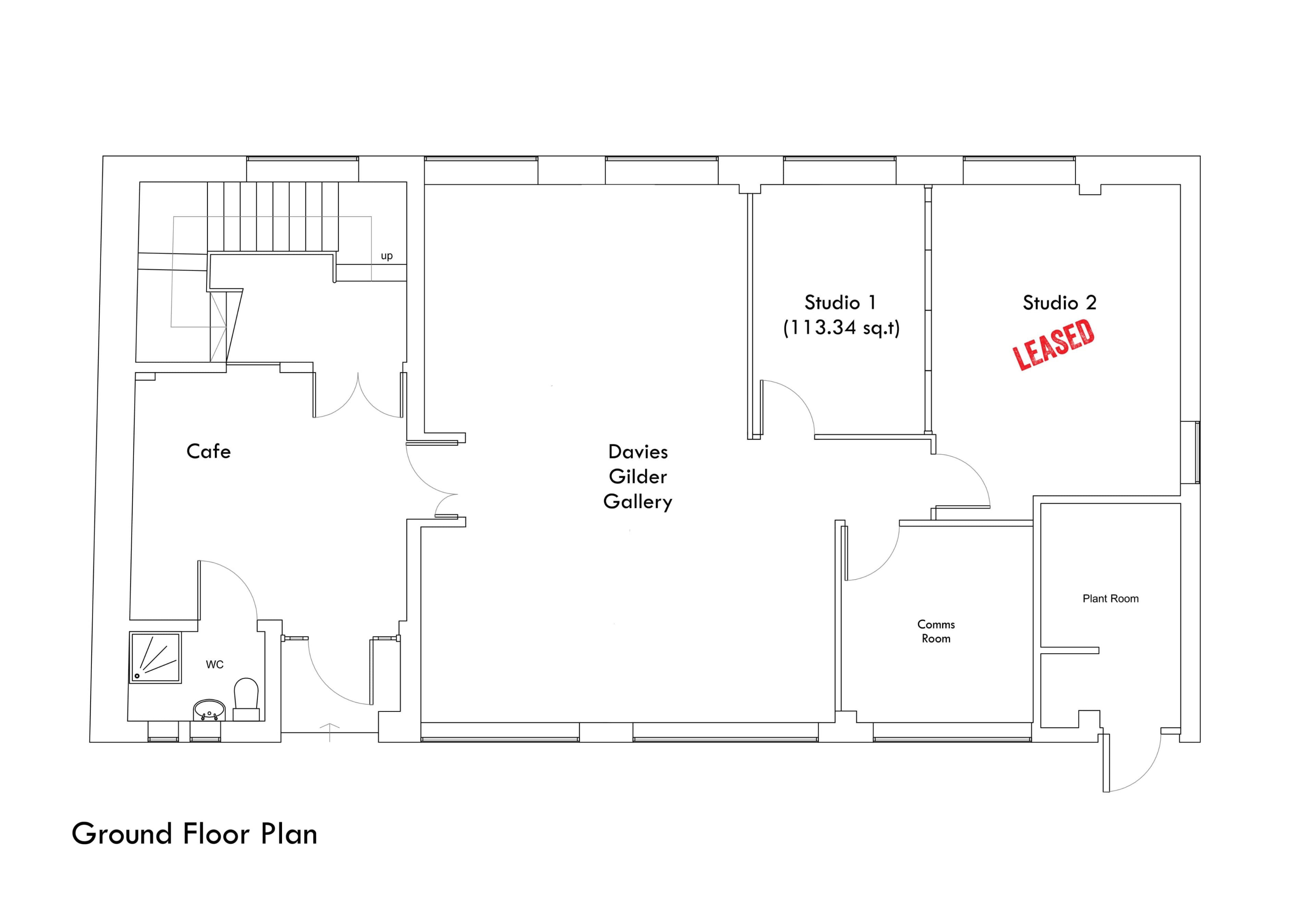 A ground floor plan featuring a café, two studios, a gallery labeled as "Davies Gilder Gallery," a commons room, and a plant room, with one studio marked as "LEASED."