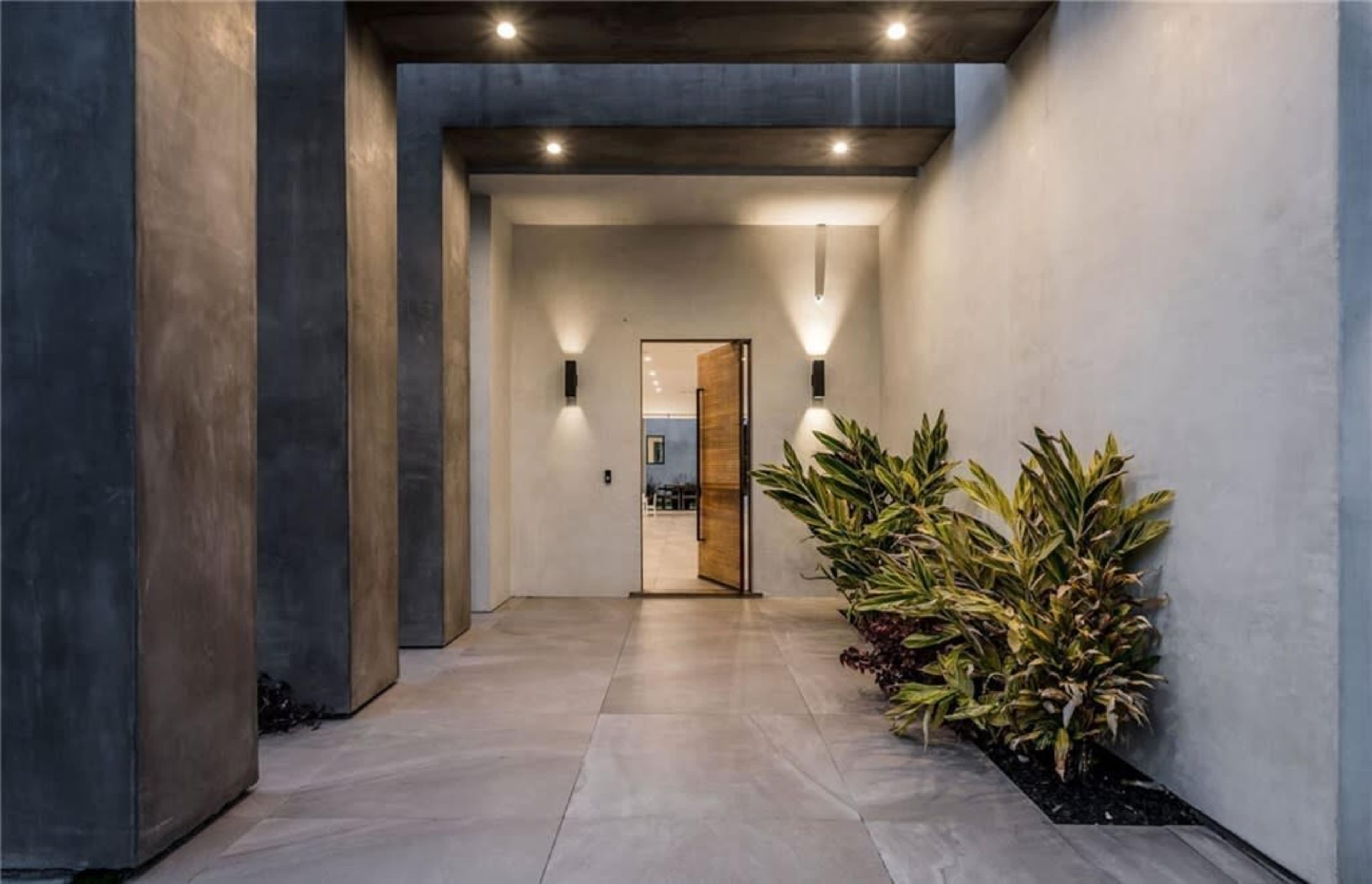 A modern entrance with large concrete walls, an open wooden door, and neatly arranged plants on one side.