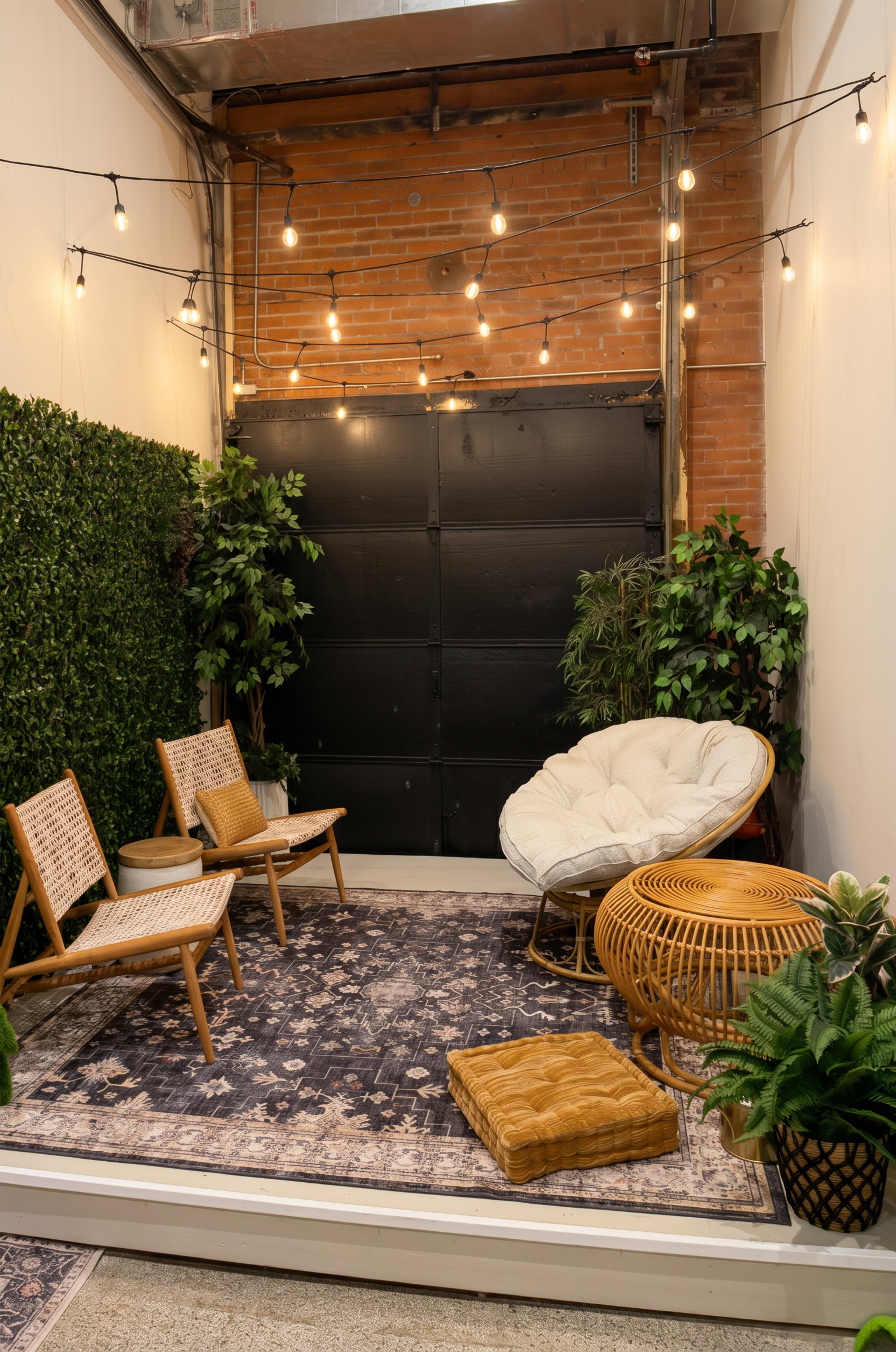 The image features an indoor lounge area with two wooden chairs, a round wicker chair, a patterned rug, and various potted plants next to a wall draped with green foliage and string lights overhead.