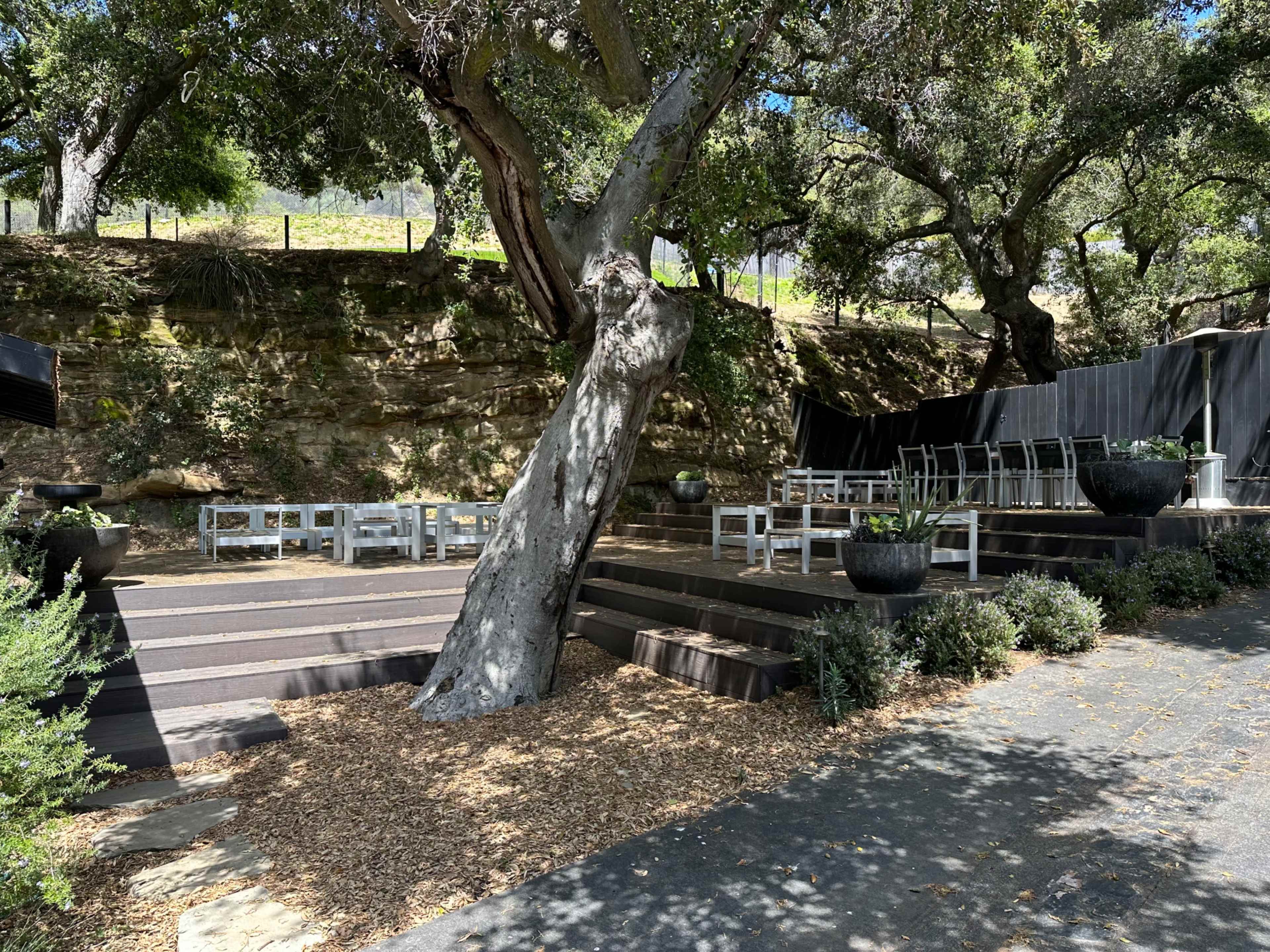 The scene features an outdoor seating area with wooden steps, a large tree, and a set of white rectangular tables and chairs beneath a canopy of trees.