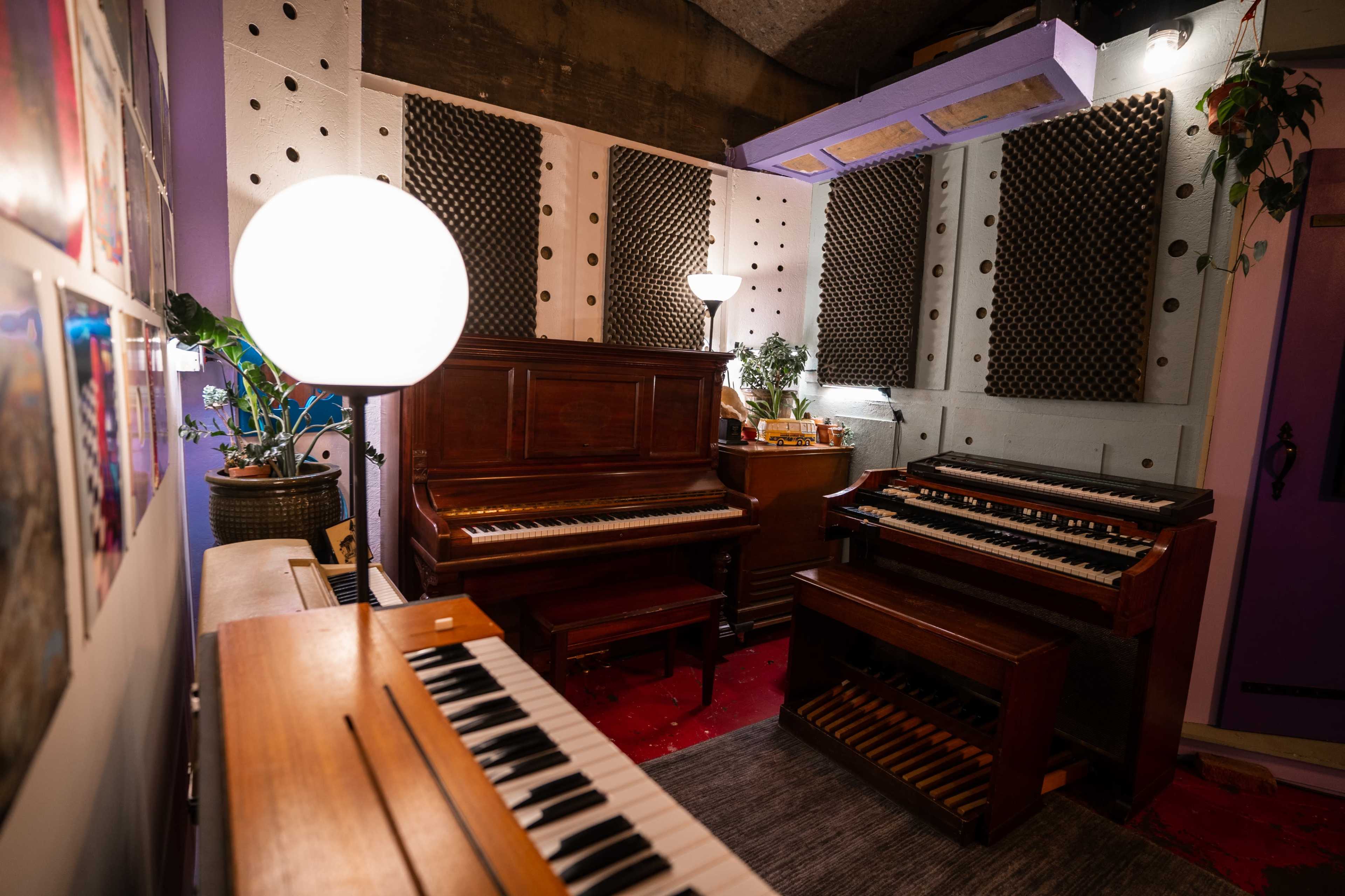 A music studio filled with various keyboards and pianos, surrounded by soundproofing panels and plants.