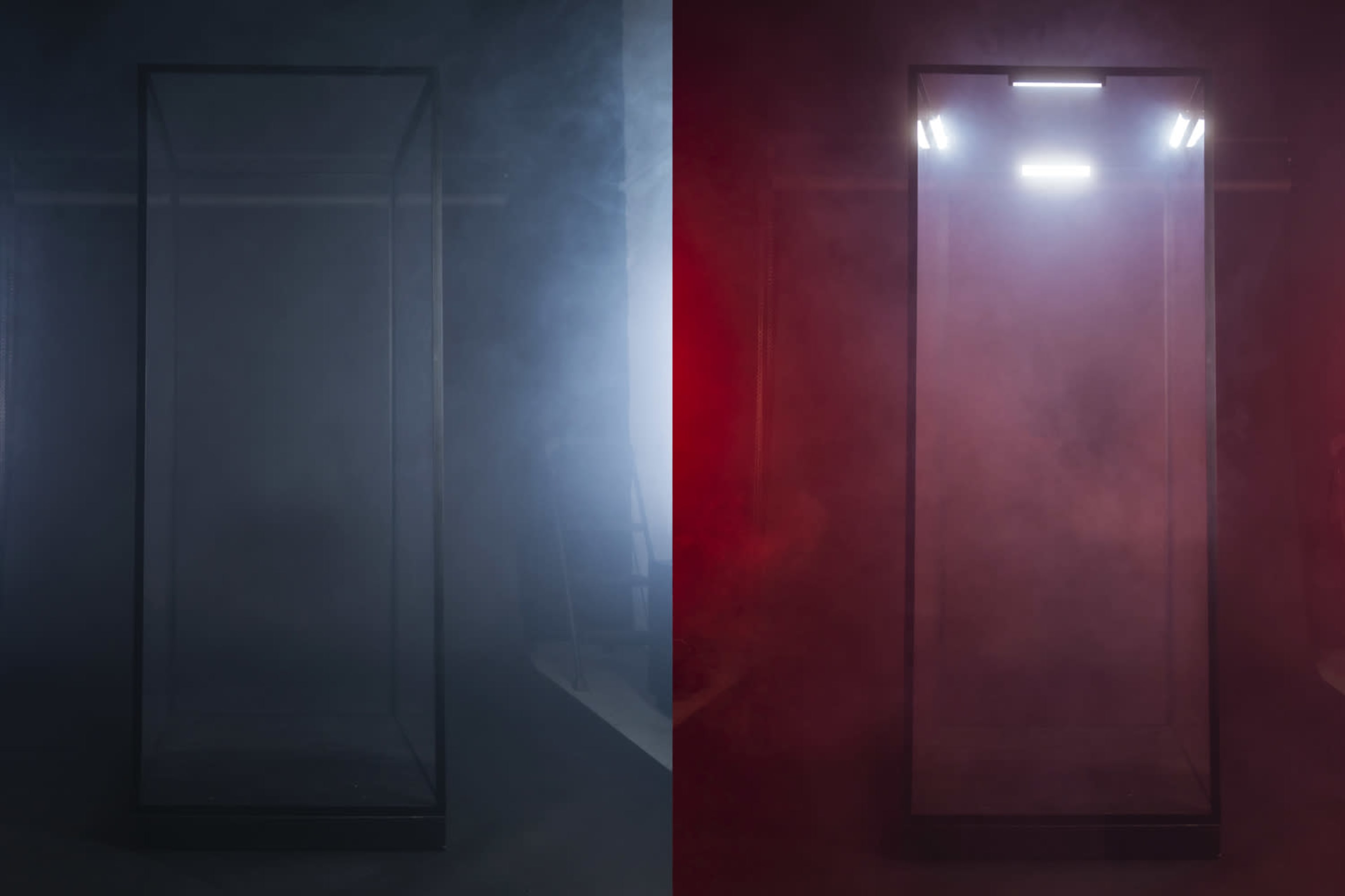 The image shows two glass enclosures: one shrouded in blue mist and the other in red mist, with bright lights at the top of the right enclosure.