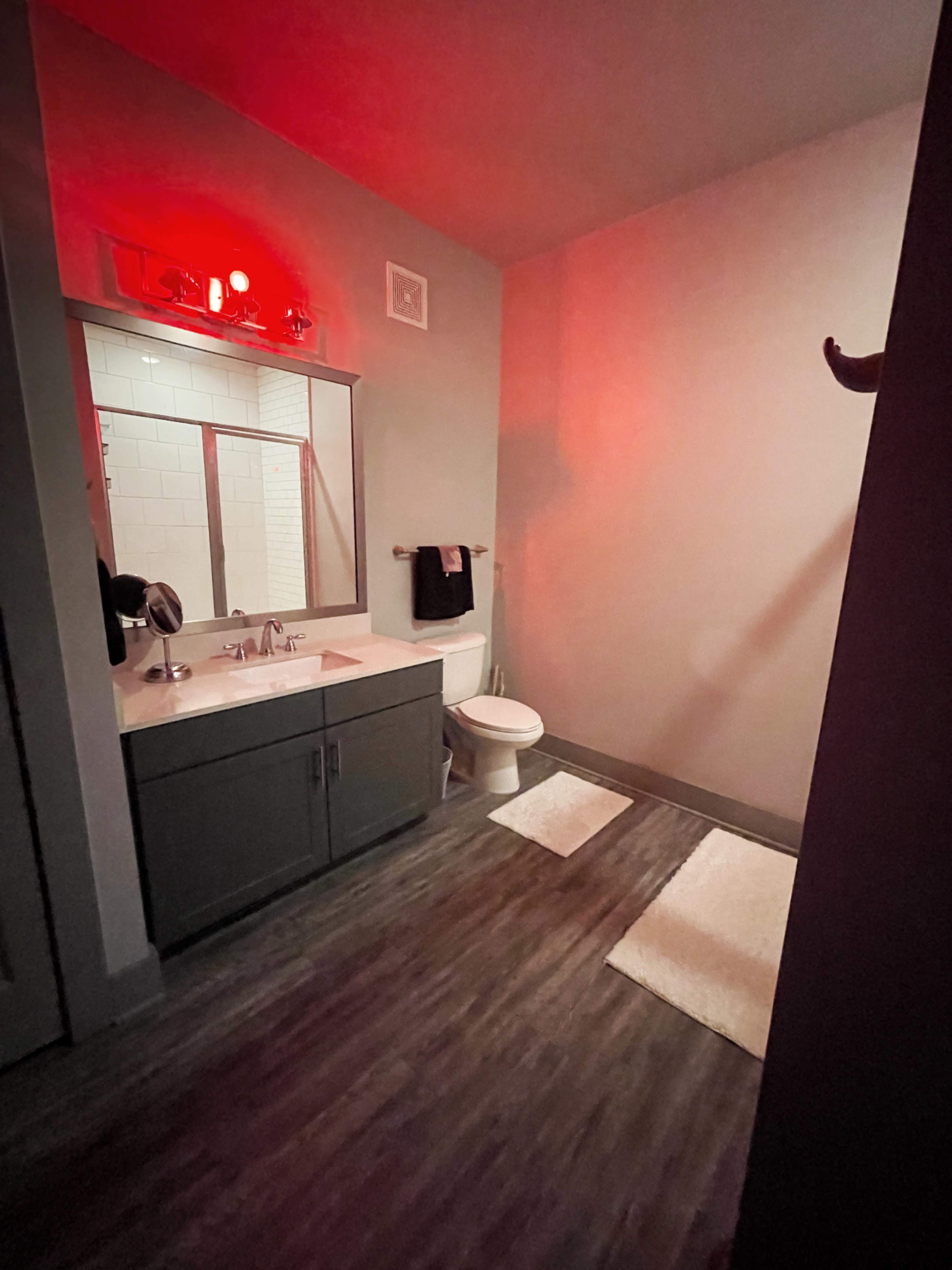 The bathroom features a sink with a mirror, a toilet, and a small rug, illuminated by a red light.