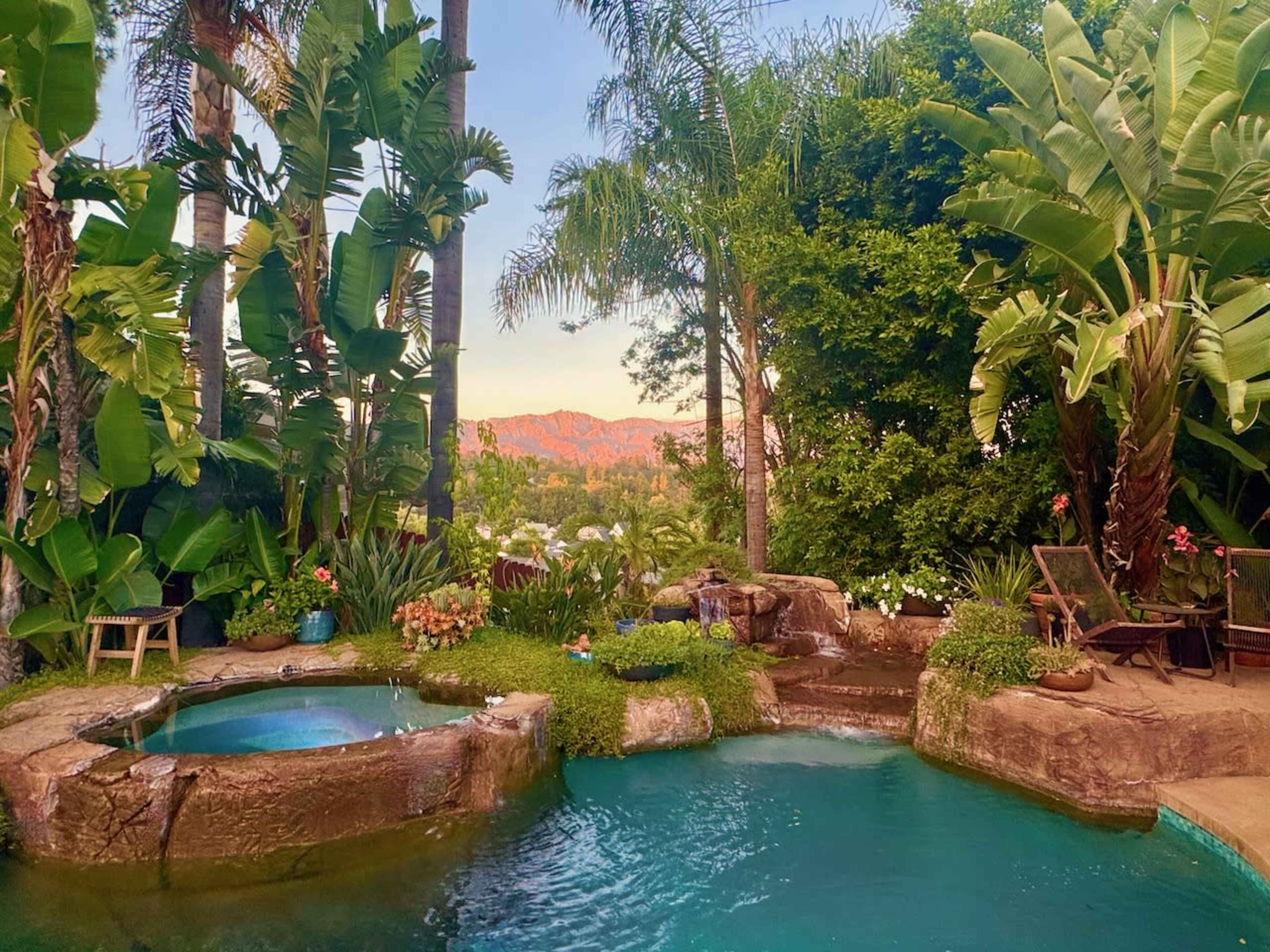 The image depicts a backyard oasis featuring a turquoise pool surrounded by lush greenery and palm trees, with mountains visible in the background.